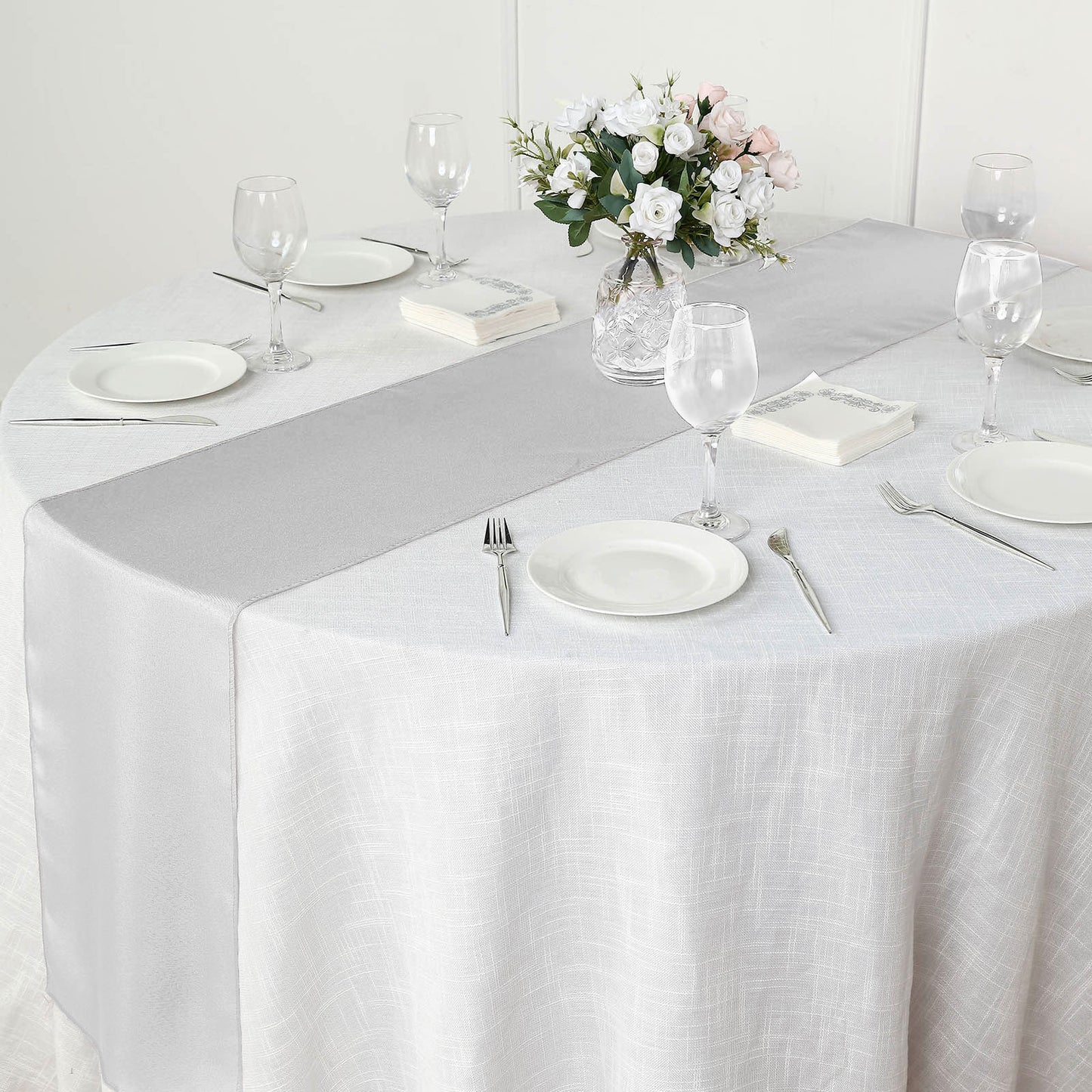 12"x108" Silver Polyester Table Runner