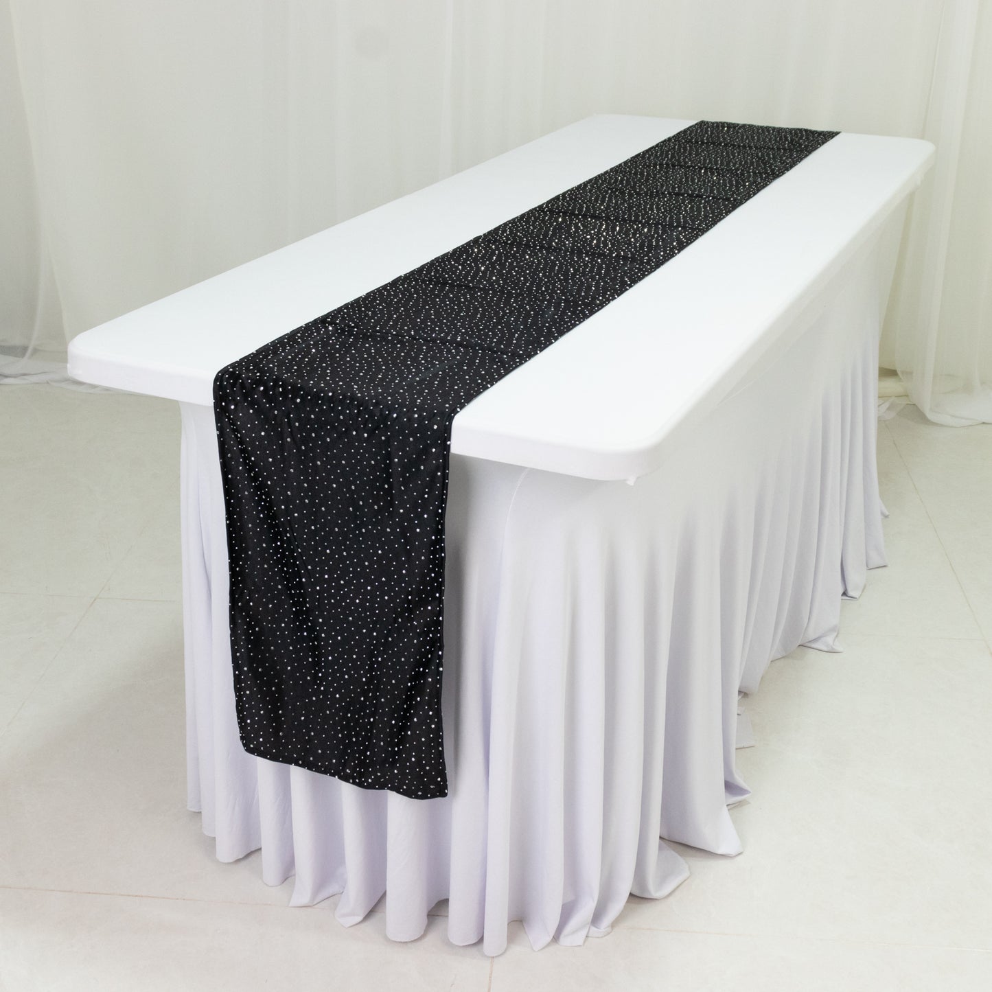 Black table runner with rhinestone accents, 12"x108", wrinkle-free linen.