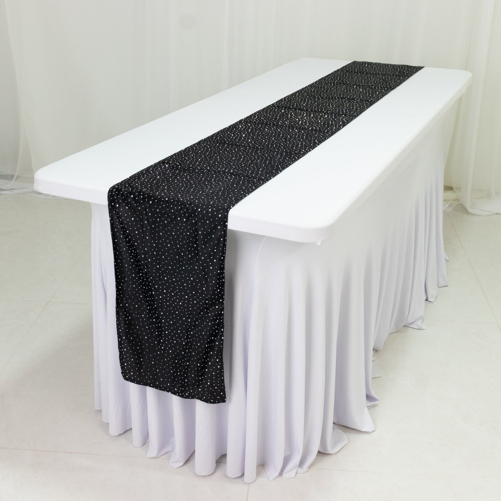 Black table runner with rhinestone accents, 12"x108", wrinkle-free linen.