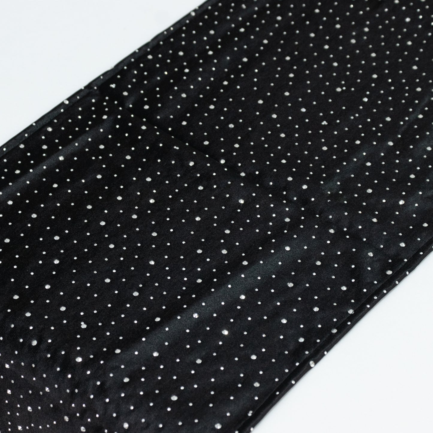 Black scuba table runner with rhinestone accents, 12"x108", wrinkle-free.