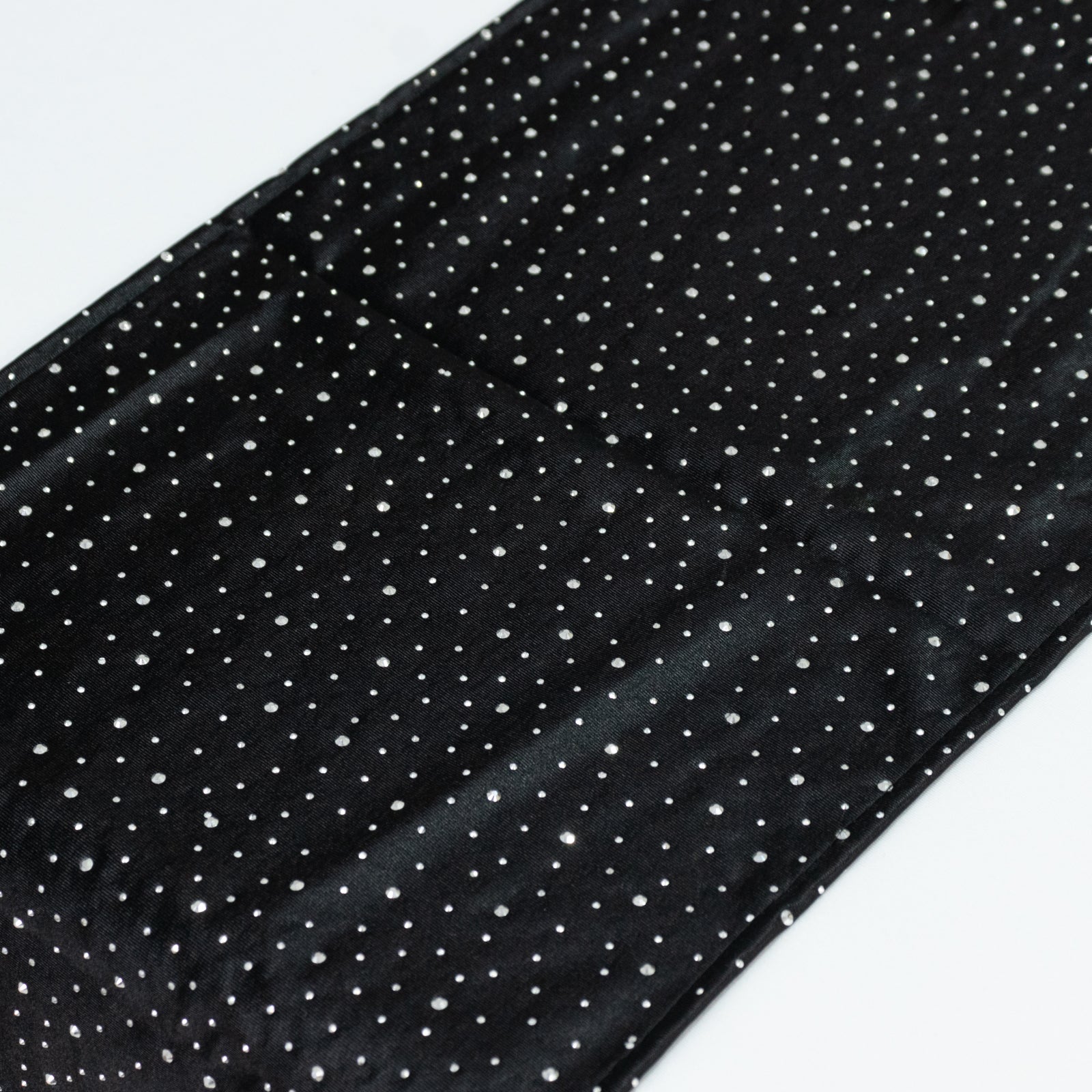 Black scuba table runner with rhinestone accents, 12"x108", wrinkle-free.