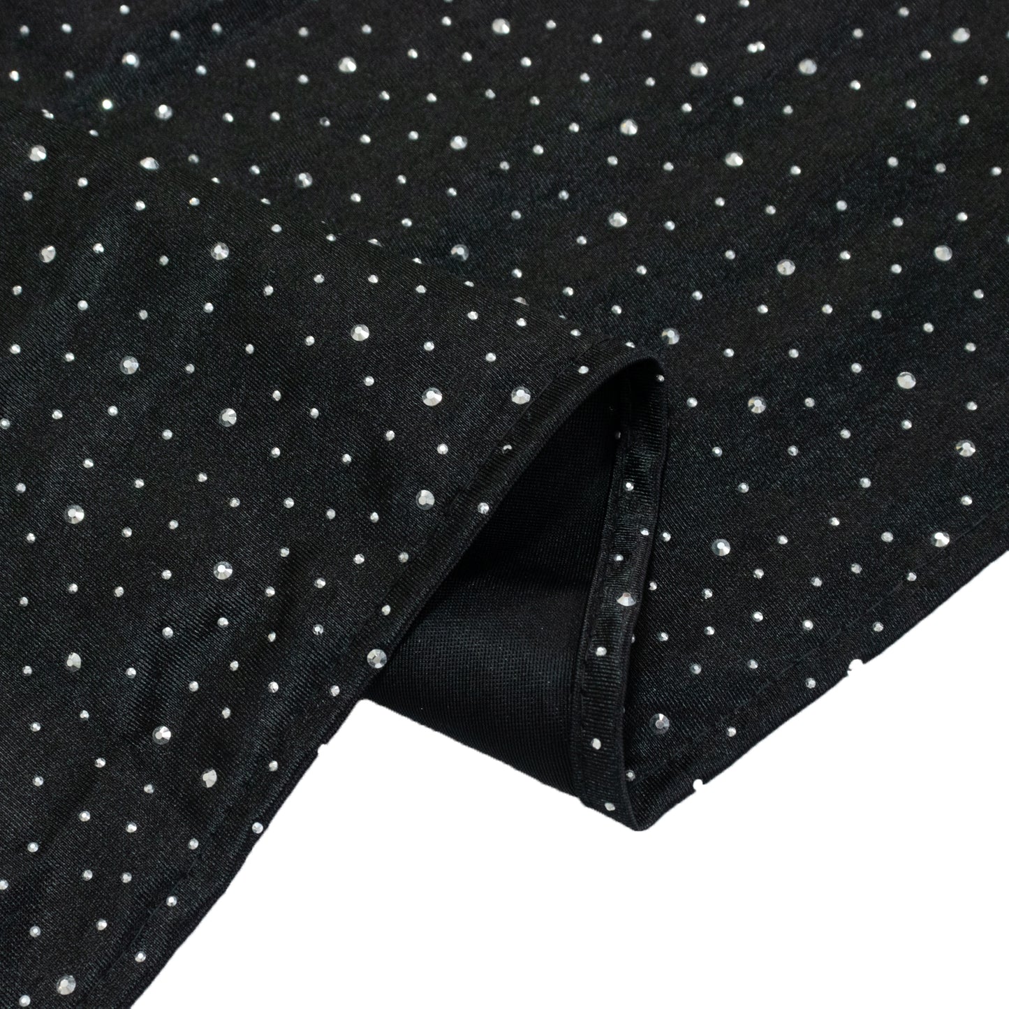 Black table runner with rhinestone accents, 12"x108" wrinkle-free linen.