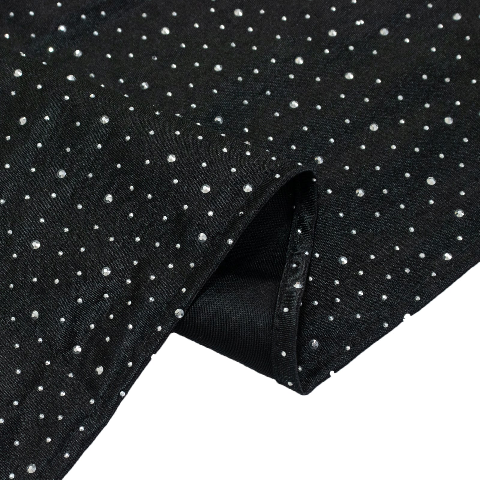 Black table runner with rhinestone accents, 12"x108" wrinkle-free linen.