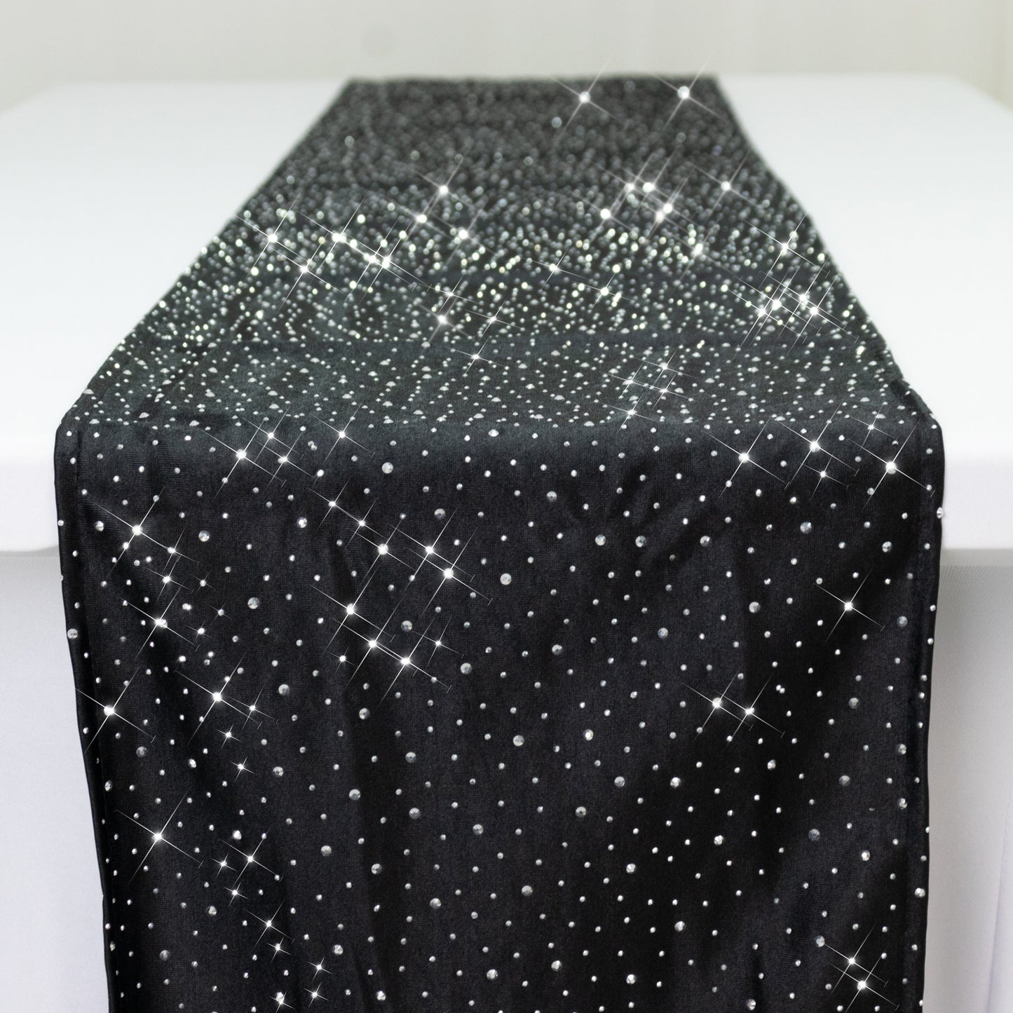 Black scuba table runner with rhinestone accents, 12"x108".