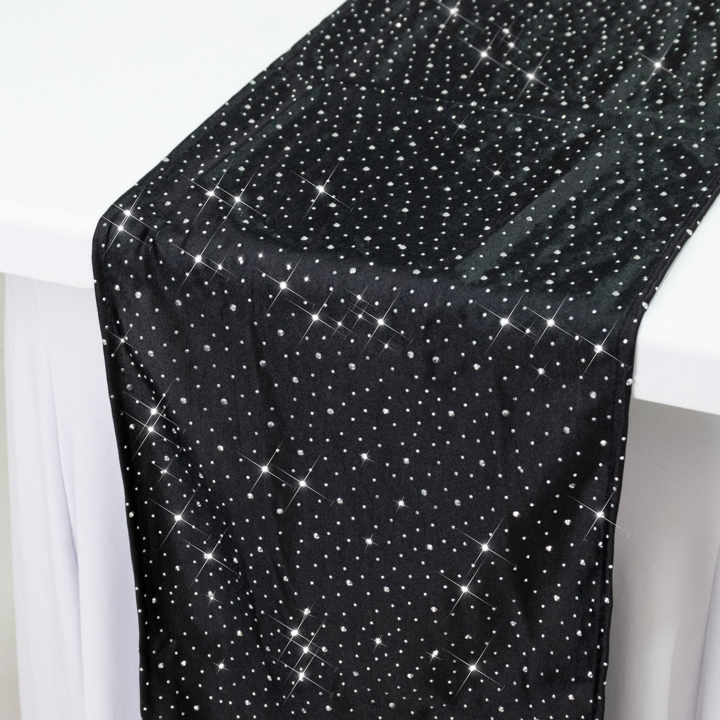 Black scuba table runner with rhinestone accents, 12"x108".