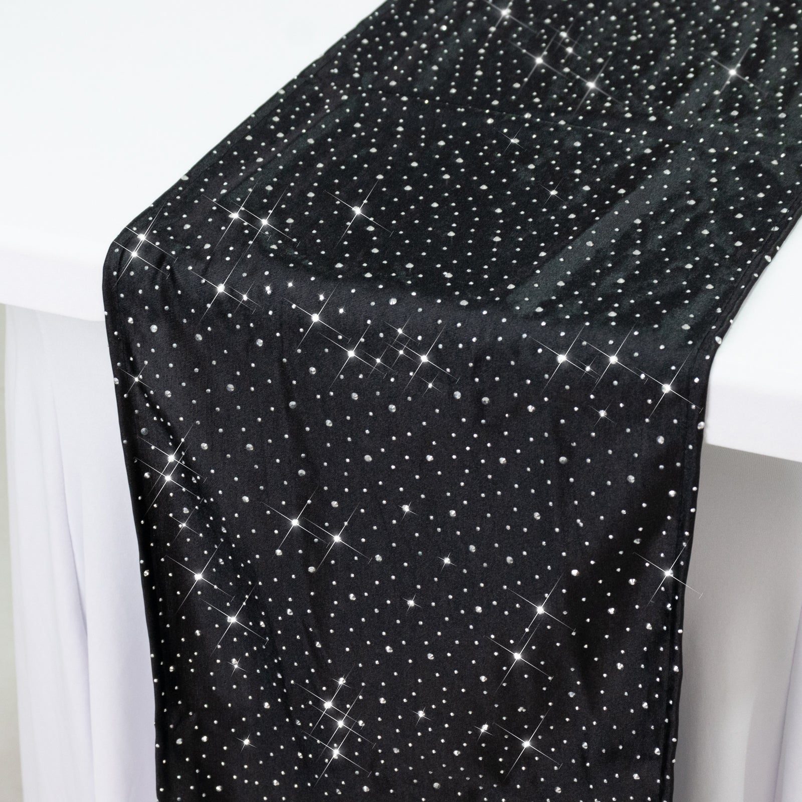 Black scuba table runner with rhinestone accents, 12"x108".