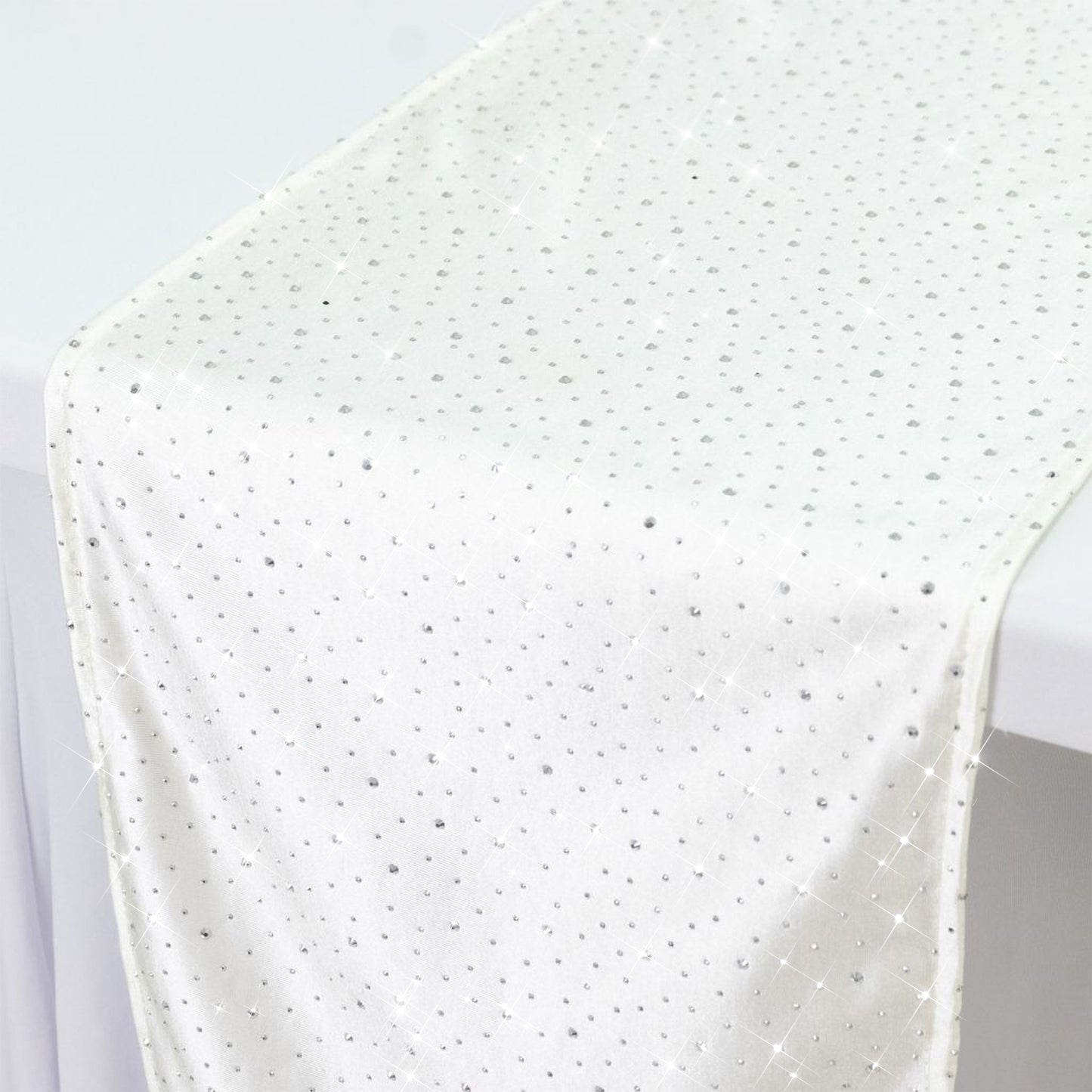 Pearl white table runner with rhinestone accents, 12"x108", wrinkle-free.