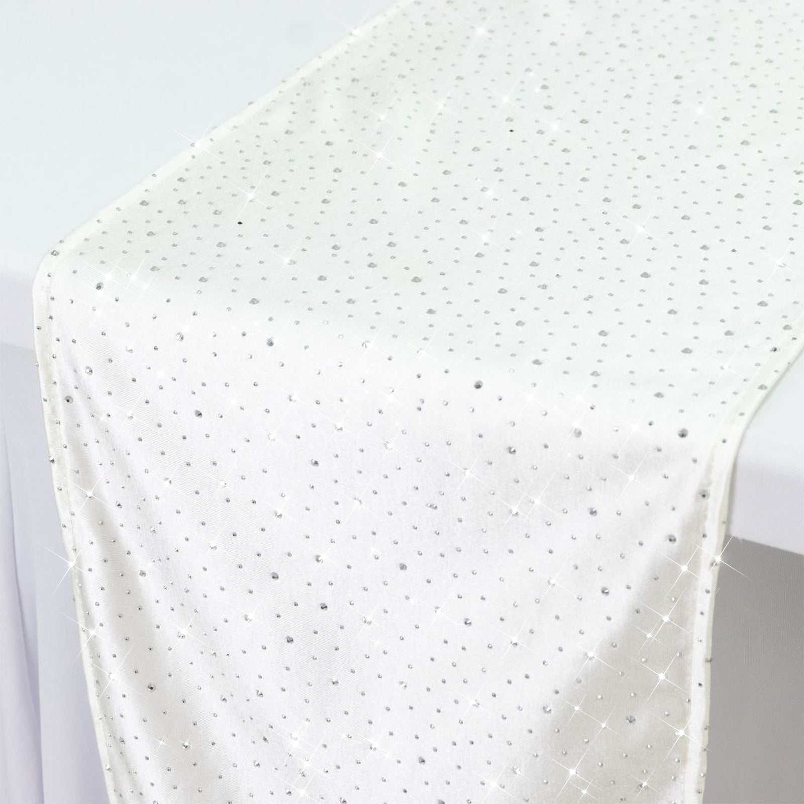 Pearl white table runner with rhinestone accents, 12"x108", wrinkle-free.