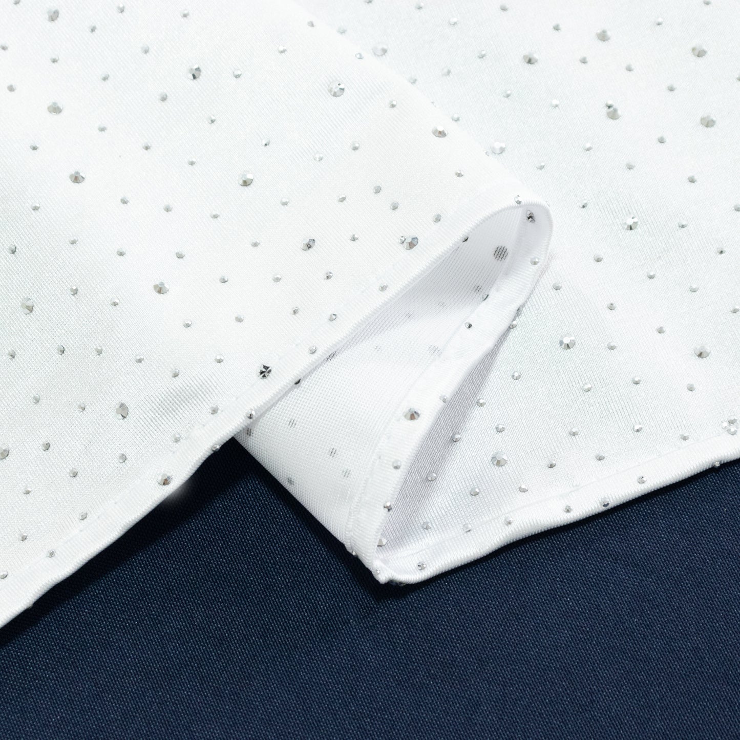 White table runner with rhinestone accents, 12"x108", wrinkle-free linen.