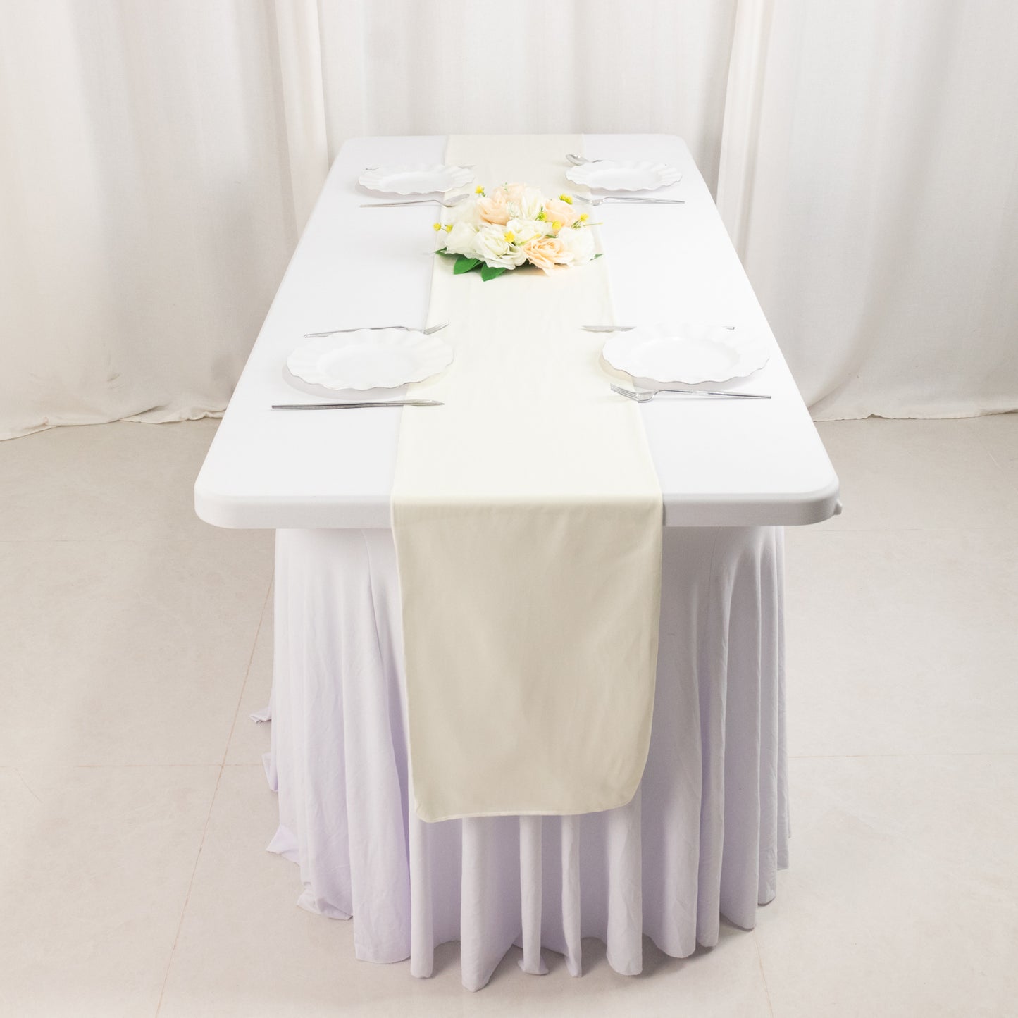 Ivory Scuba Polyester Table Runner, Wrinkle Free Table Linen - 12"x108"