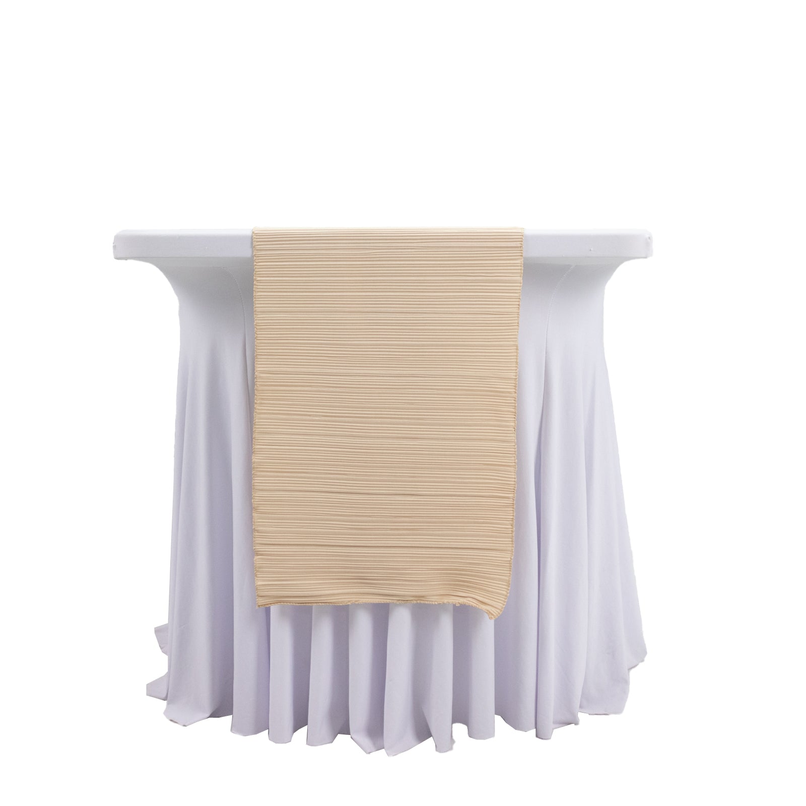 Beige accordion pleated scuba table runner on a white tablecloth.