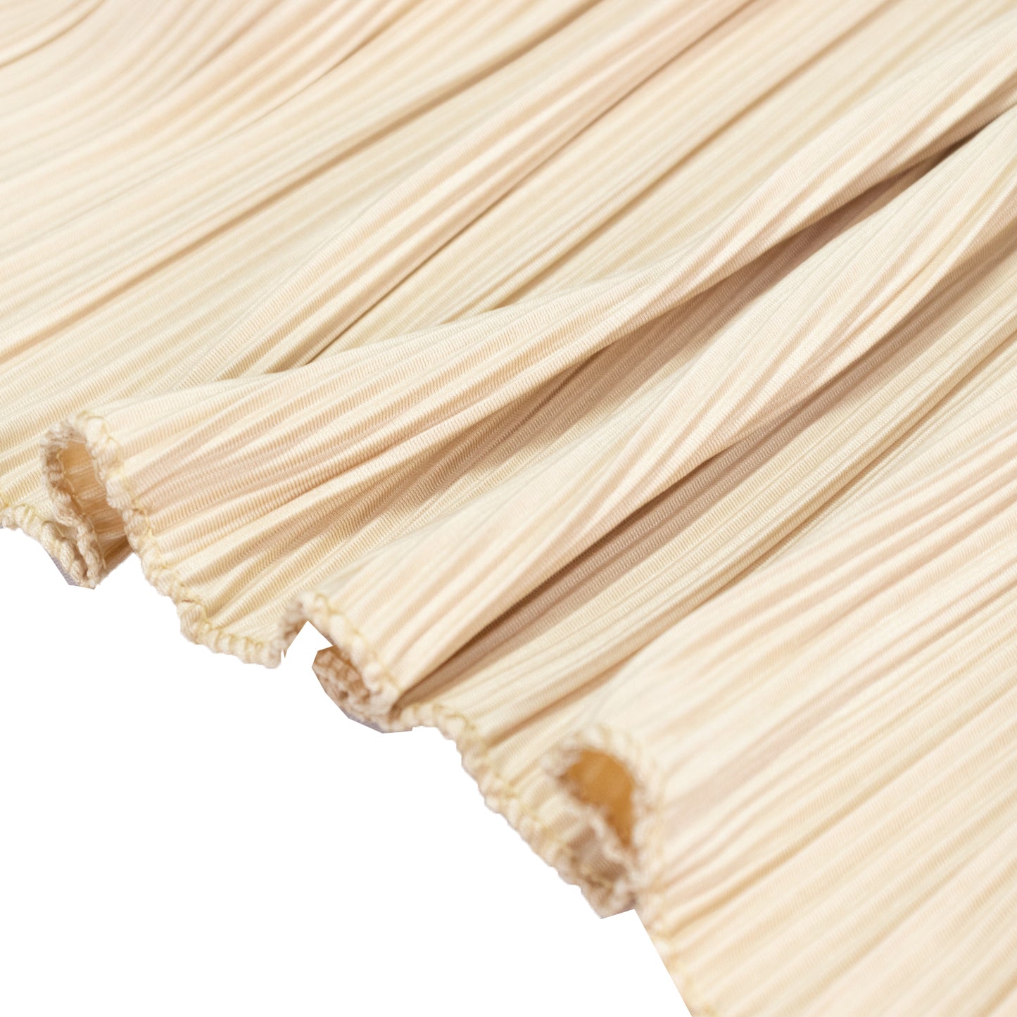 Beige accordion pleated scuba table runner, wrinkle free and stain resistant.