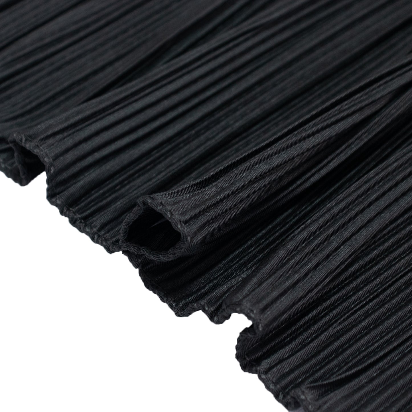 Black accordion pleated scuba table runner, 12" x 108", wrinkle-free and stain-resistant.