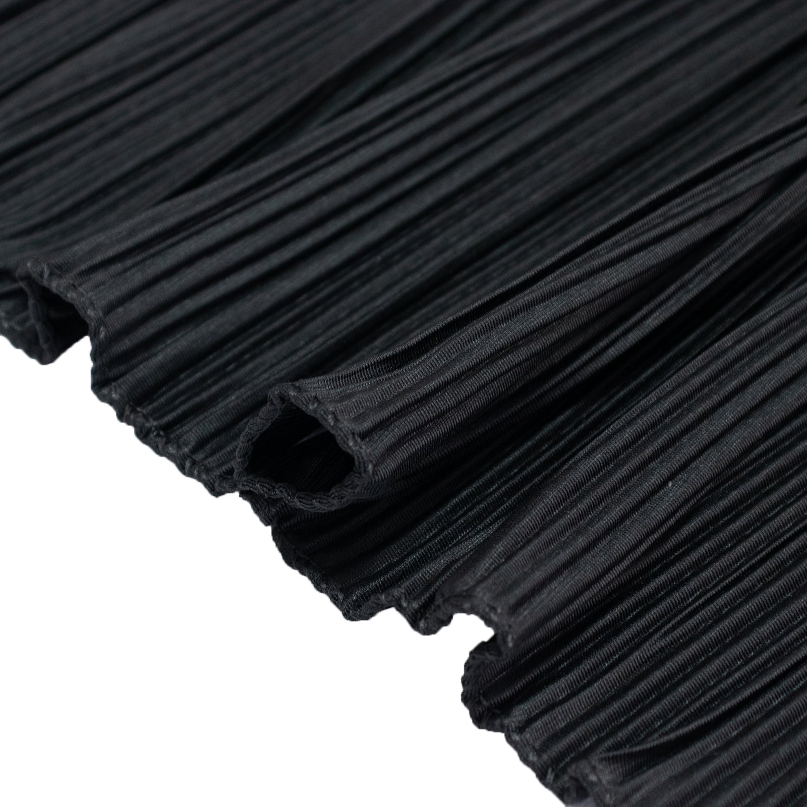 Black accordion pleated scuba table runner, 12" x 108", wrinkle-free and stain-resistant.