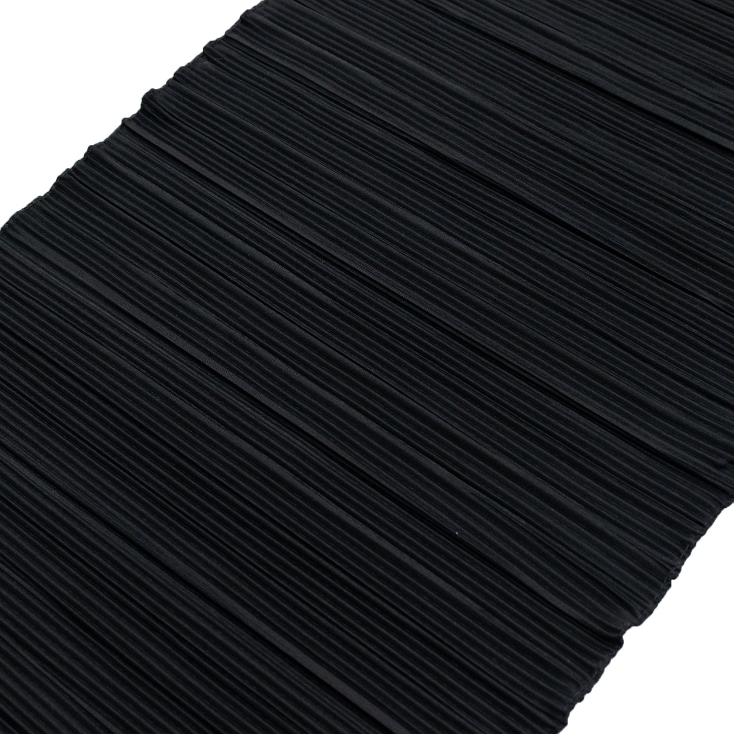 Black accordion pleated scuba table runner, 12" x 108", wrinkle-free and stain-resistant.