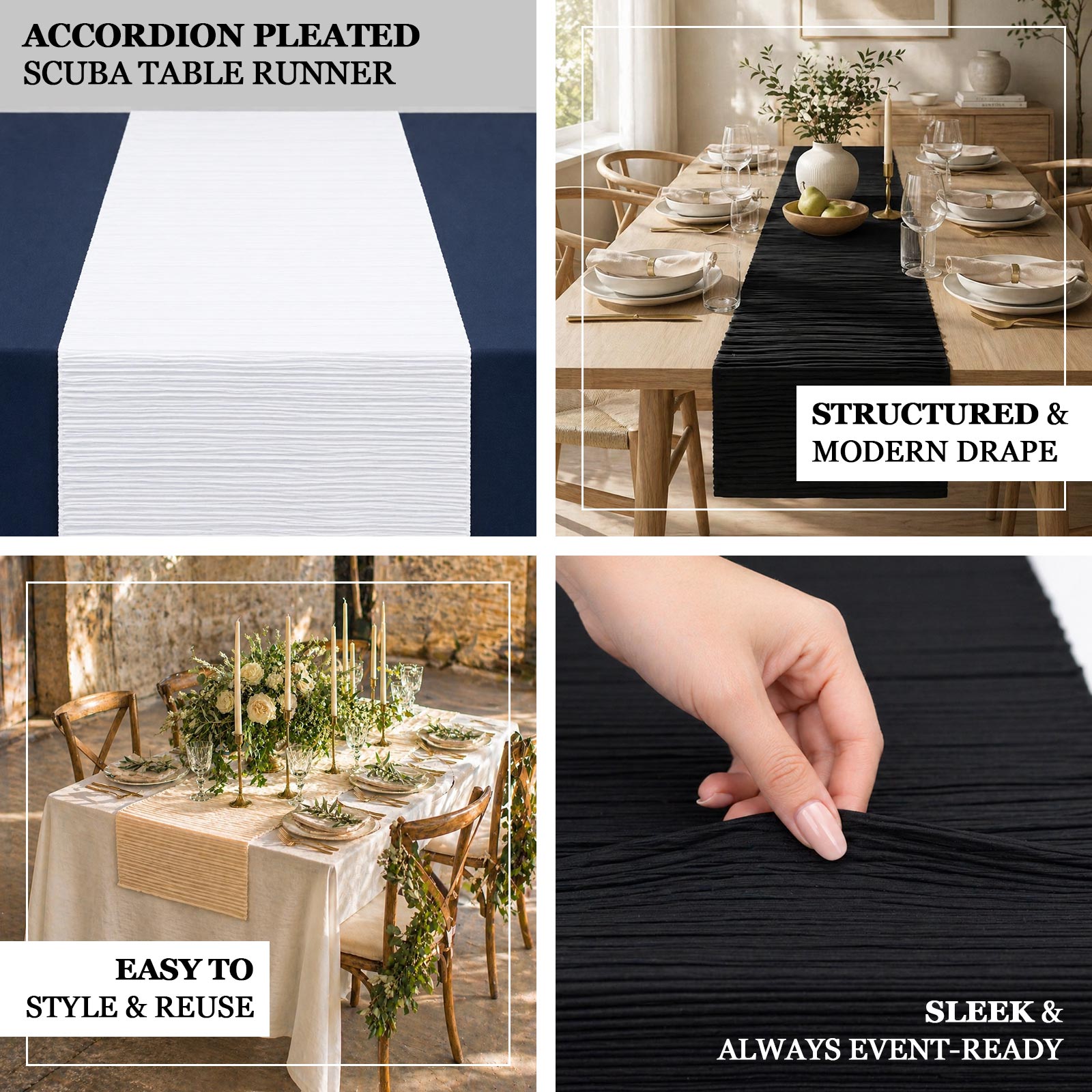 White accordion pleated table runner, 12" x 108", wrinkle-free and stain-resistant.