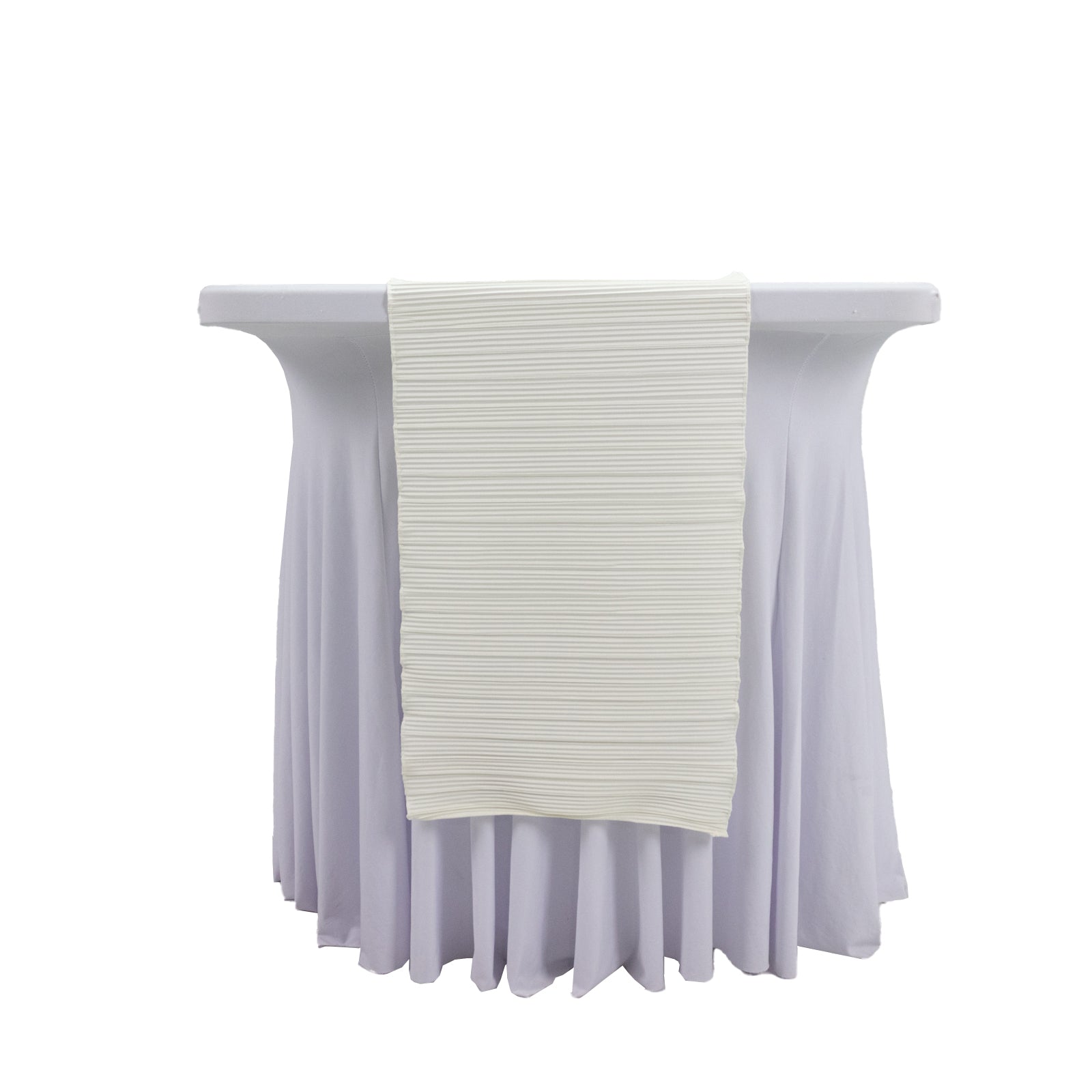 Ivory accordion pleated scuba table runner on a white table.