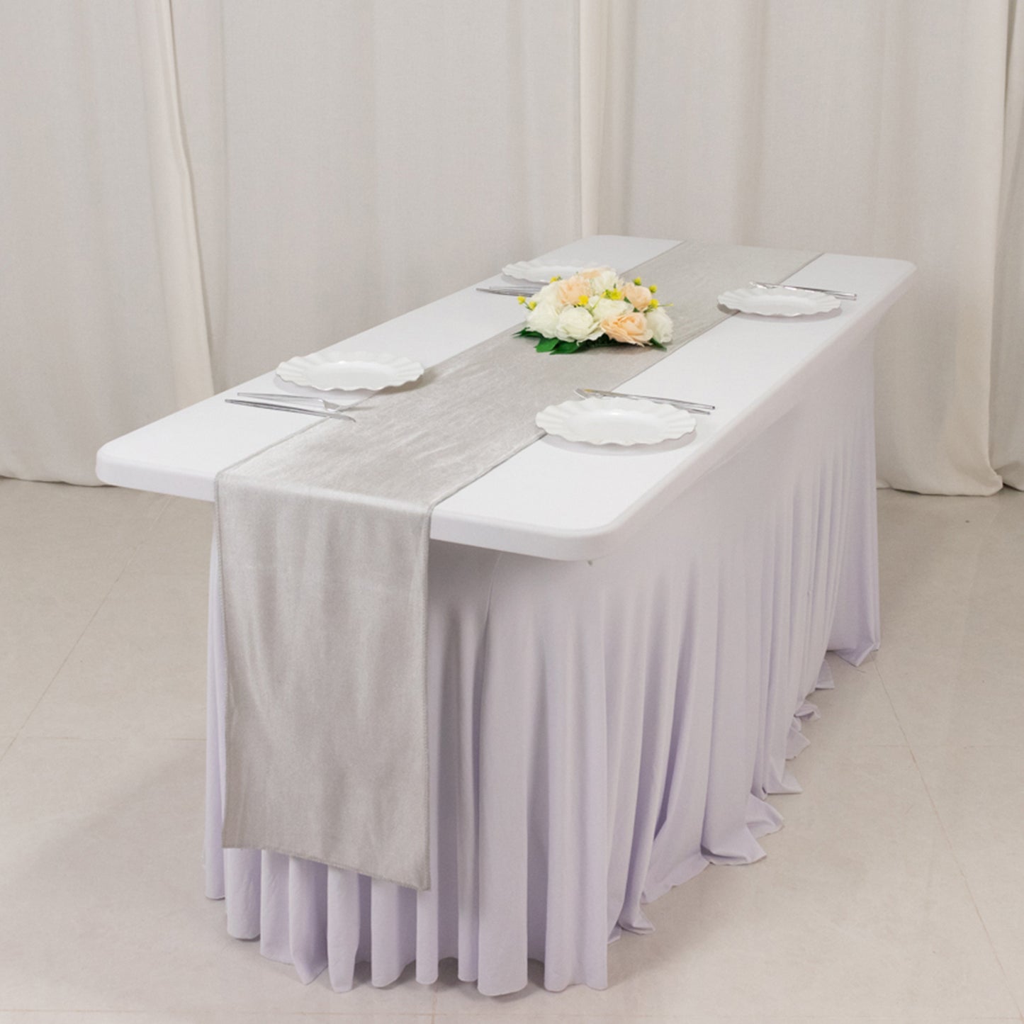 Shimmer Silver Premium Scuba Polyester Table Runner, Wrinkle Free Table Linen - 12"x108"