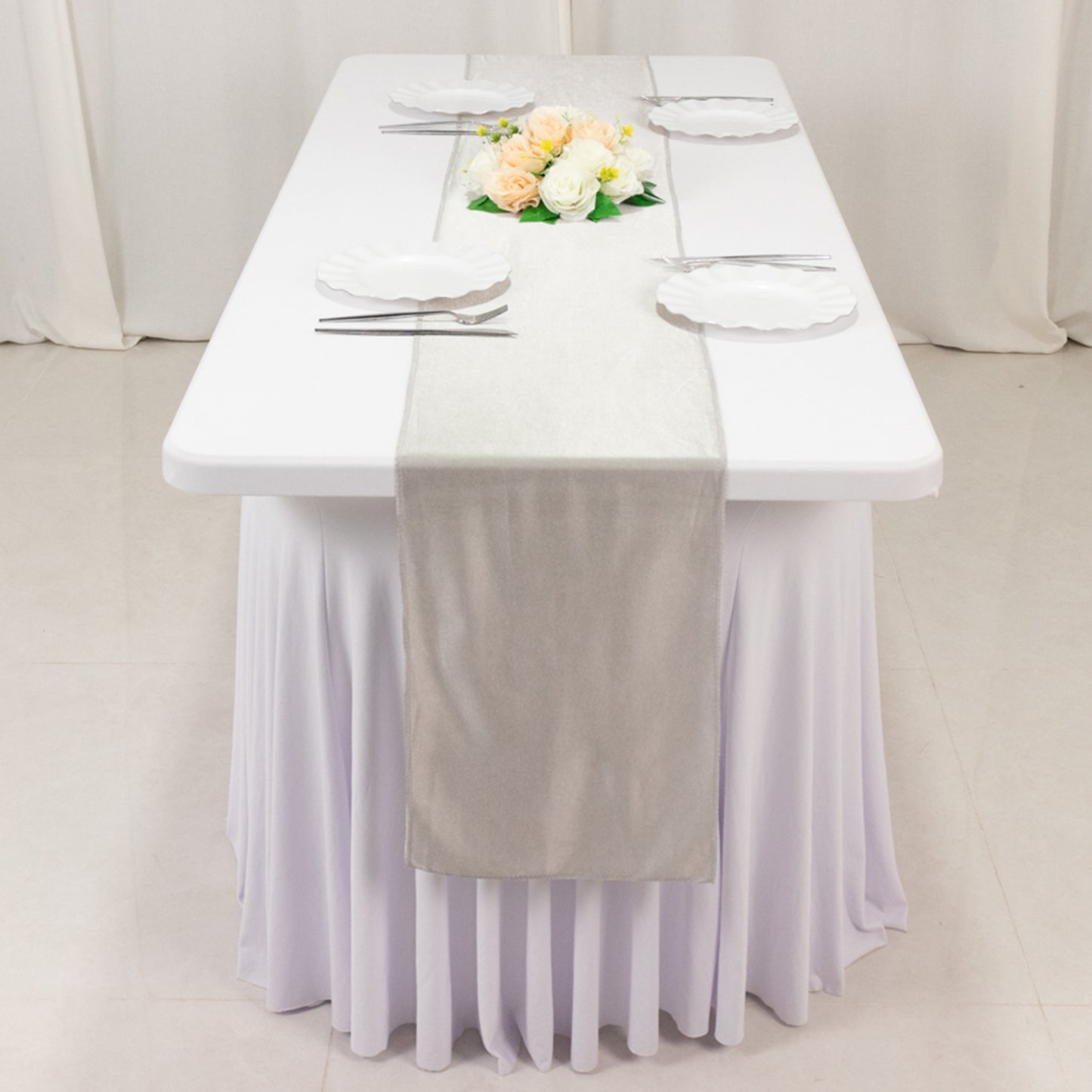 Shimmer Silver Premium Scuba Polyester Table Runner, Wrinkle Free Table Linen - 12"x108"