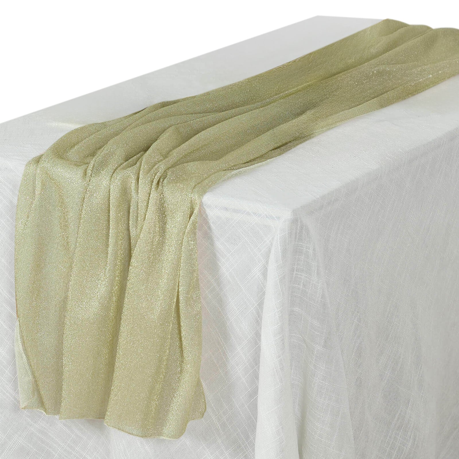 Champagne sparkling glitter gauze table runner on a white table.