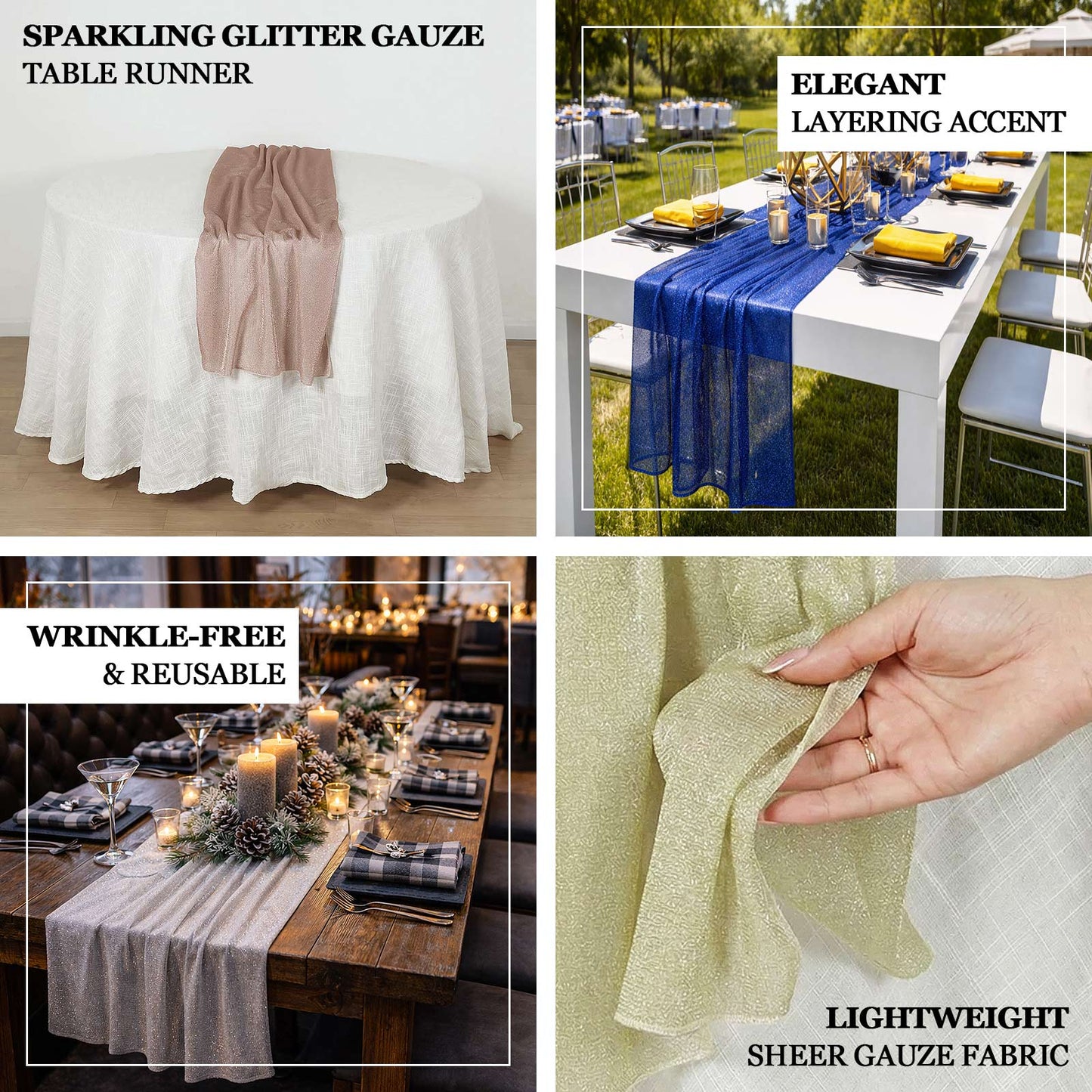 Red sparkling glitter gauze table runner, reusable and wrinkle-free, 27"x120".