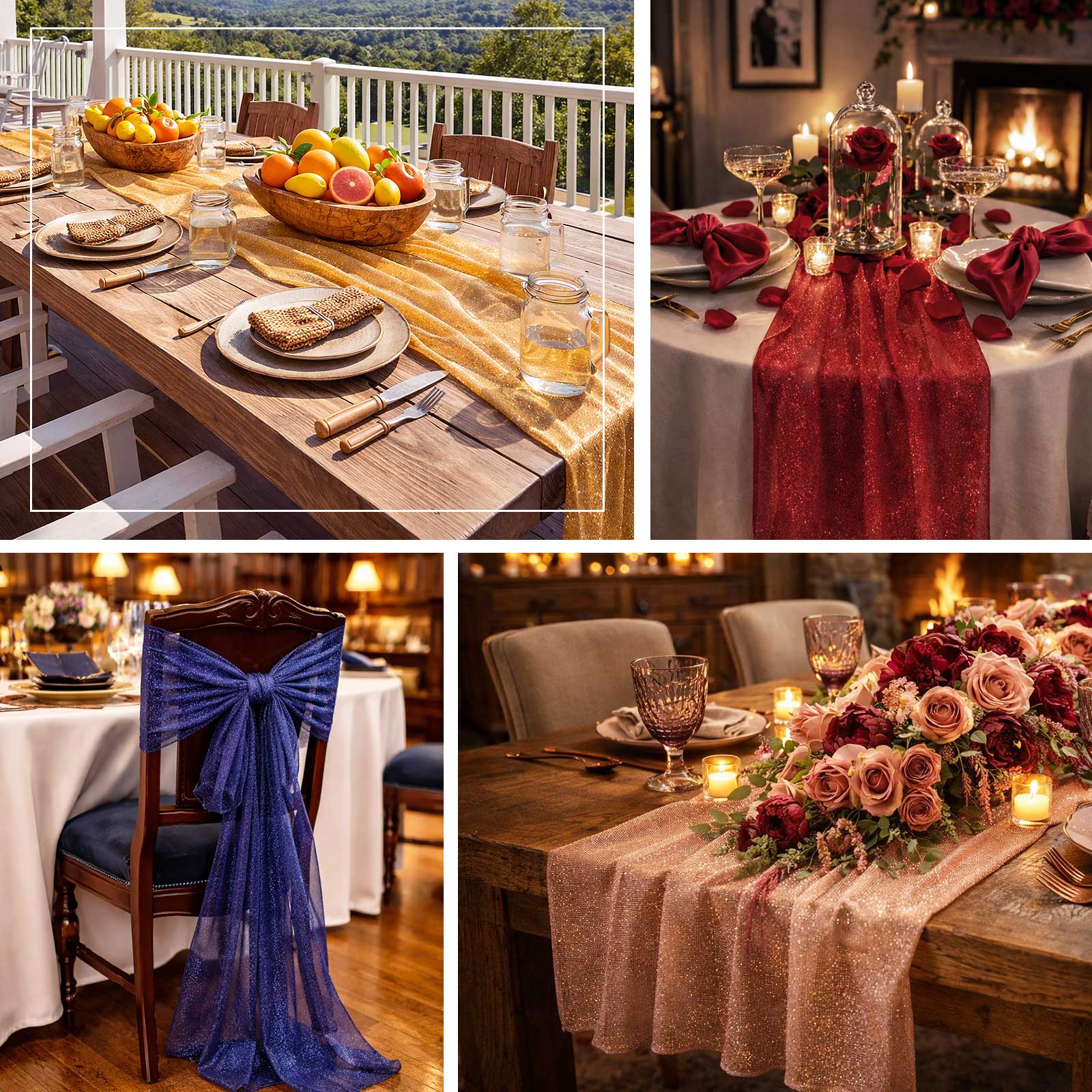 Red sparkling glitter gauze table runner on an elegantly set table.
