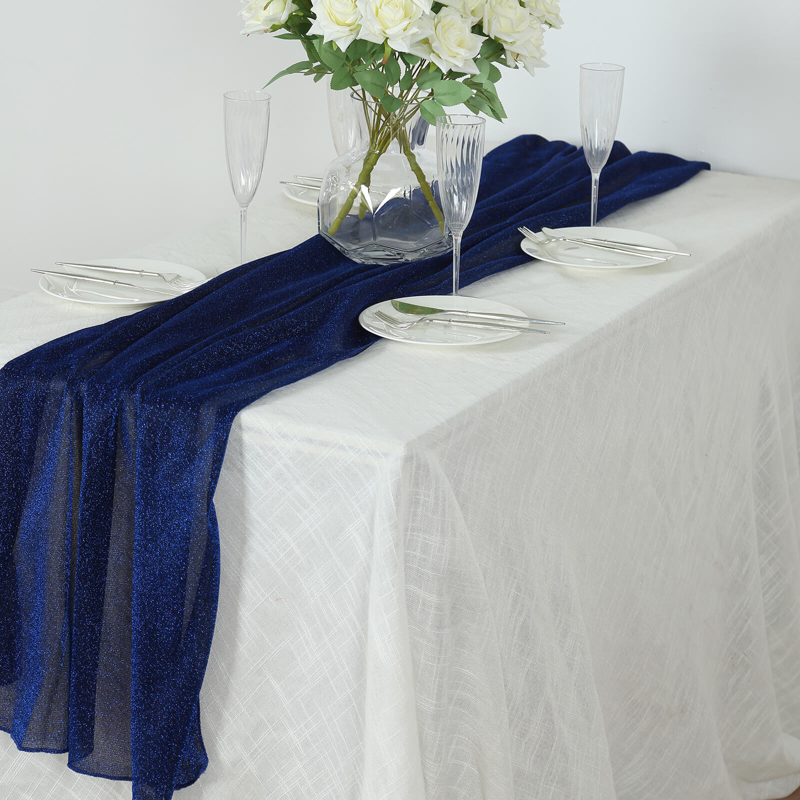 Royal Blue Sparkling Glitter Gauze Table Runner on a white table setting.