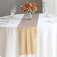 Blush shimmer sequin table runner on a white table with floral centerpiece.