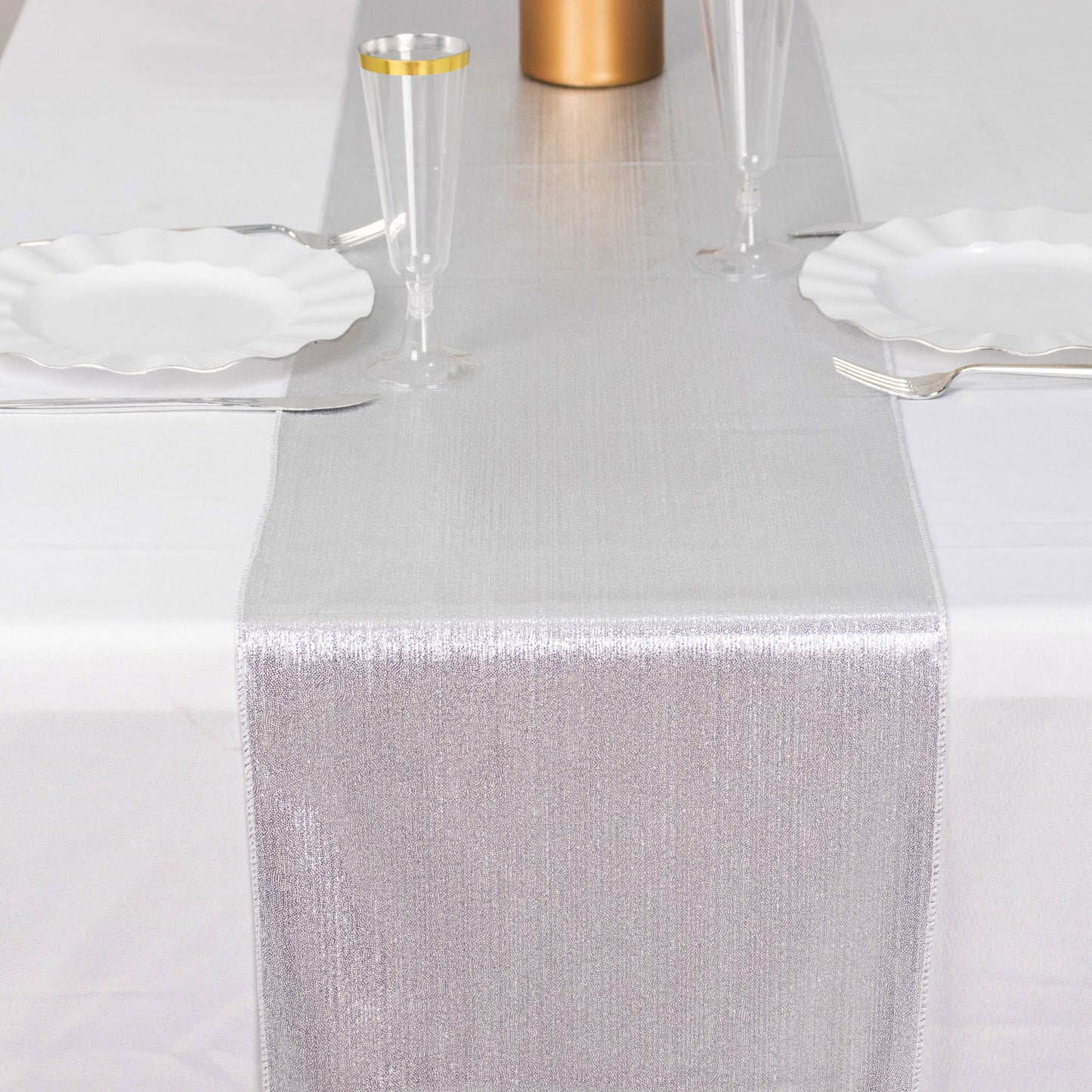Silver shimmer sequin dots table runner, wrinkle-free and glittery.