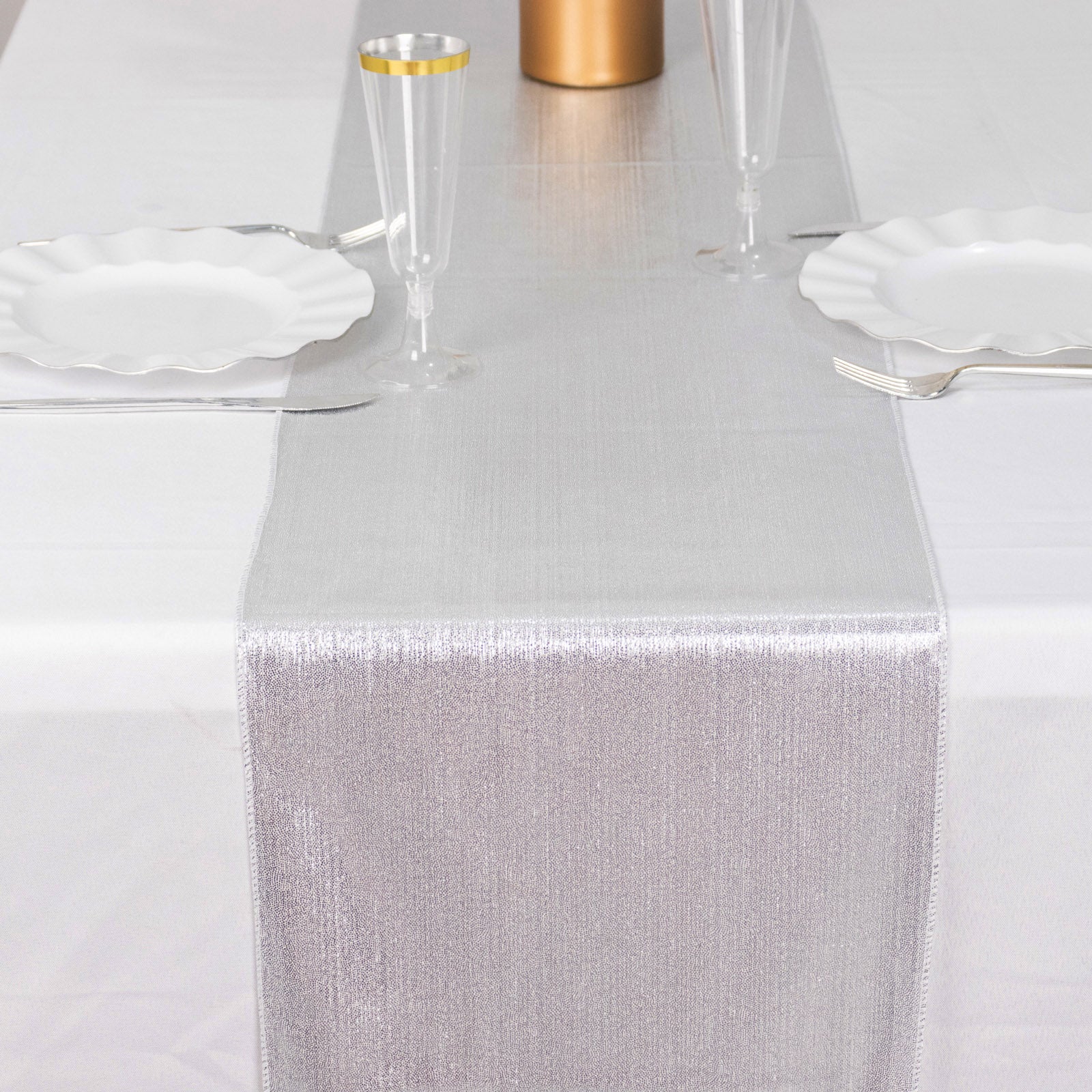 Silver shimmer sequin dots table runner, wrinkle-free and glittery.