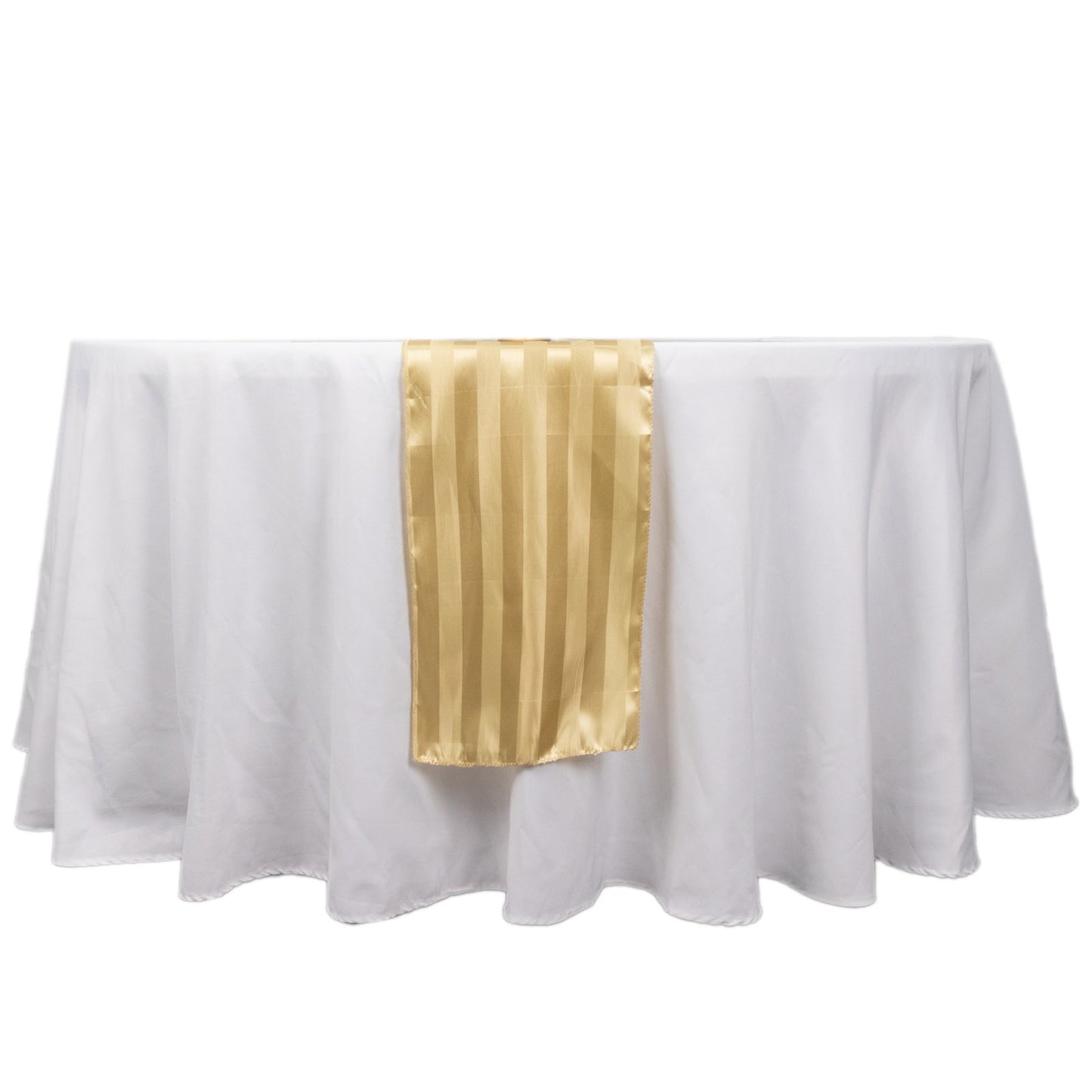Champagne satin stripe table runner on a white tablecloth.