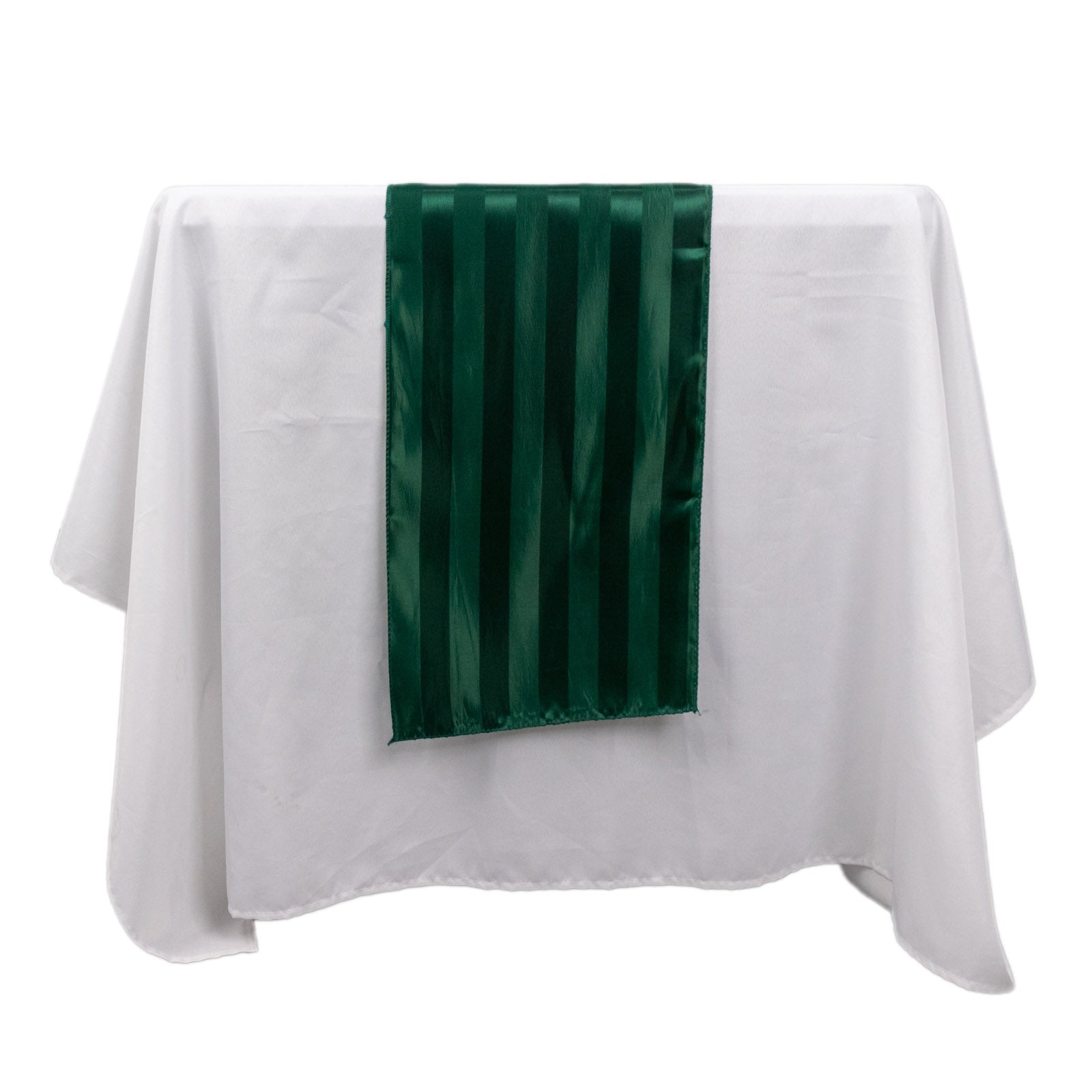 12"x108" Hunter Emerald Green Satin Stripe Table Runner on a white table.
