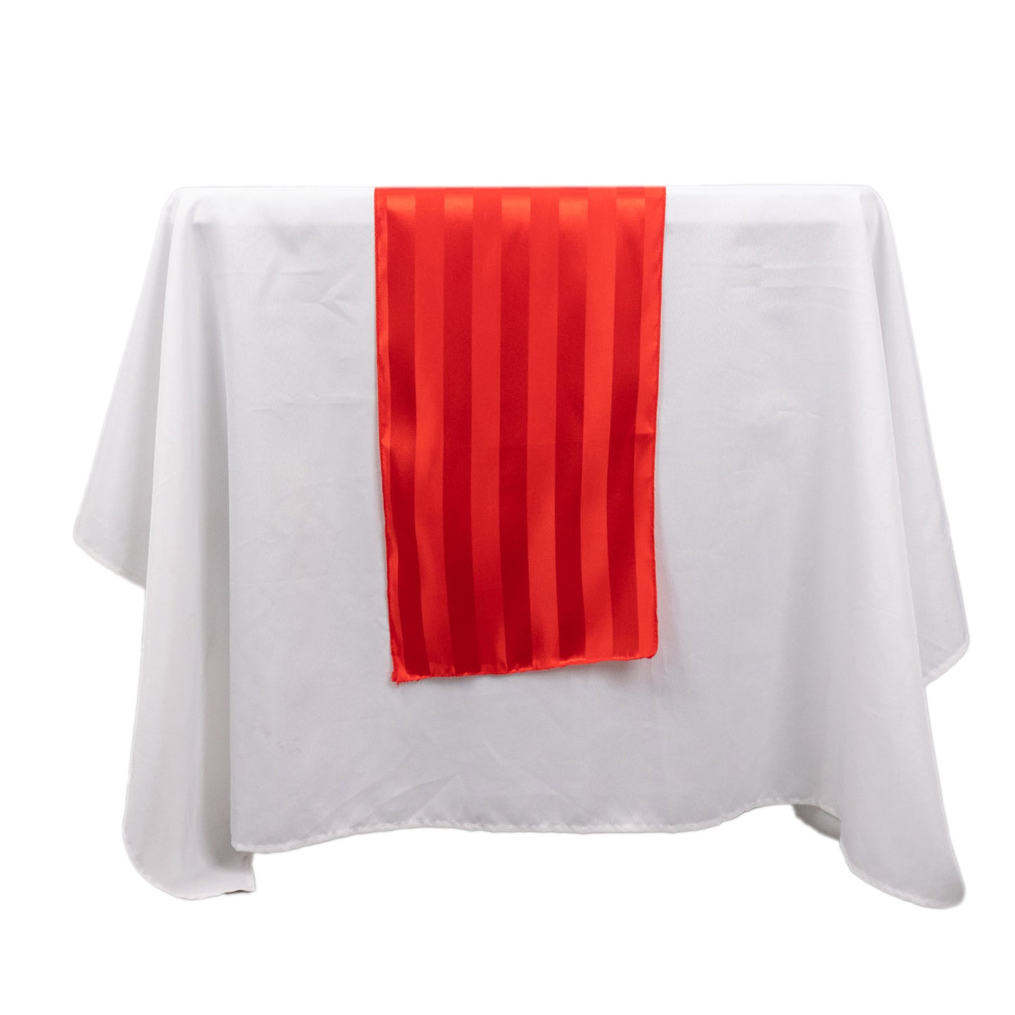 12"x108" red satin stripe table runner on a white table.