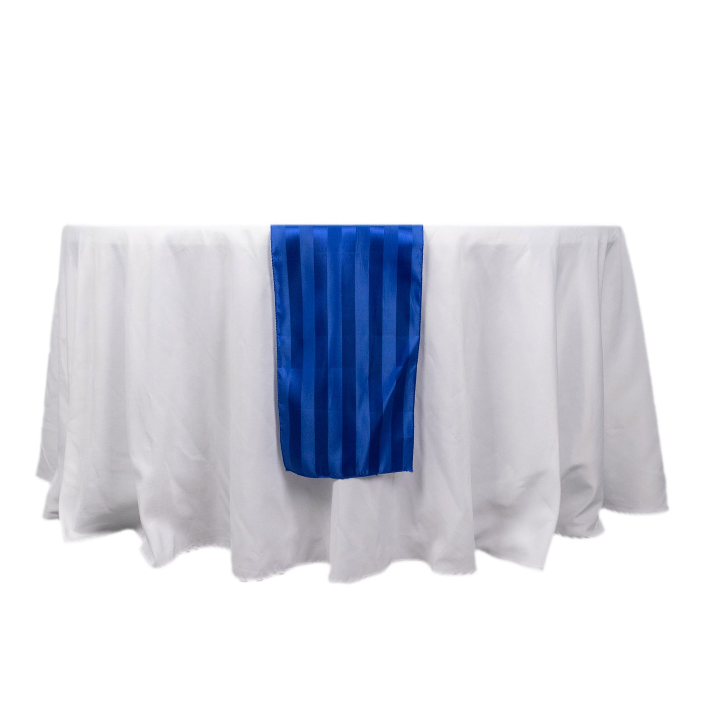 Royal Blue Satin Stripe Table Runner on a white tablecloth.