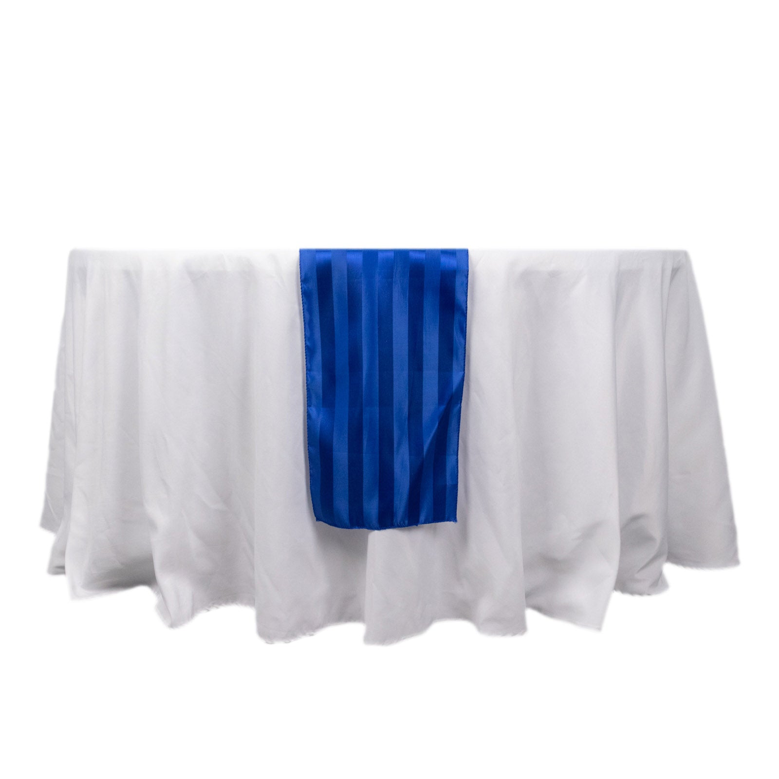 Royal Blue Satin Stripe Table Runner on a white tablecloth.