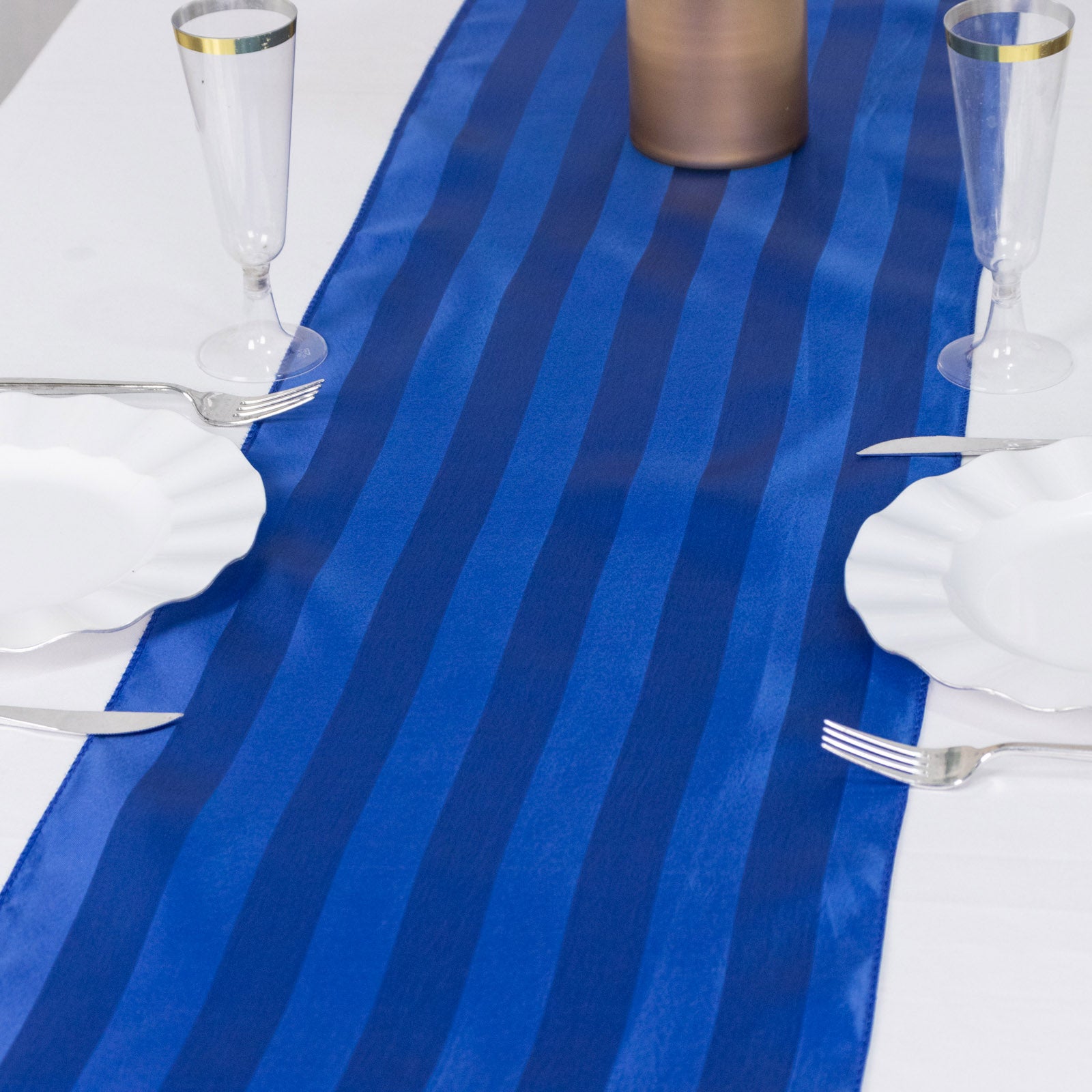 Royal Blue Satin Stripe Table Runner on a white table setting.