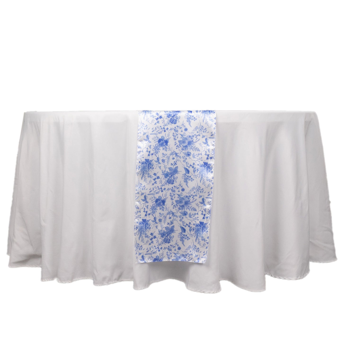 12"x108" White Blue Satin Table Runner in French Toile Floral Pattern