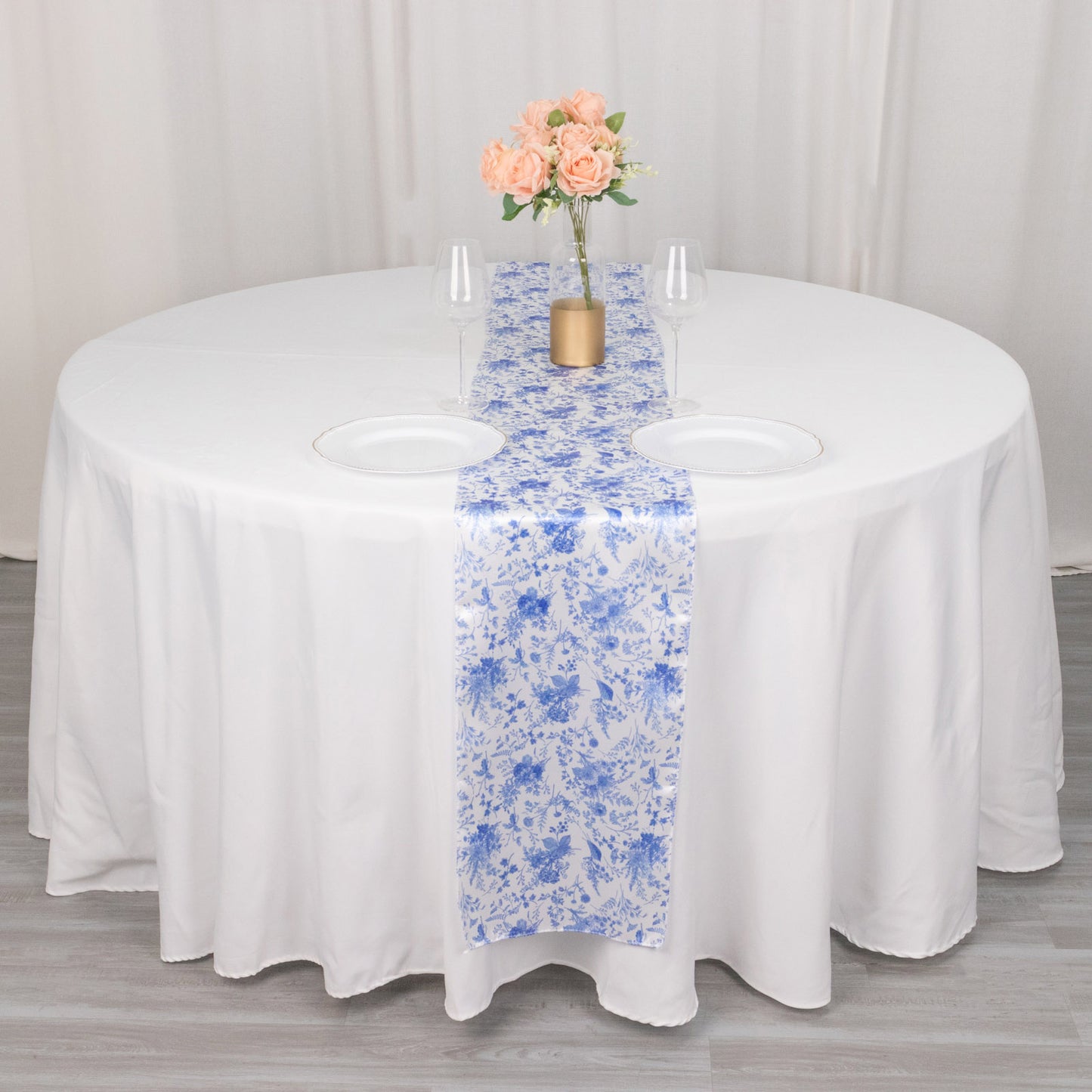 12"x108" White Blue Satin Table Runner in French Toile Floral Pattern