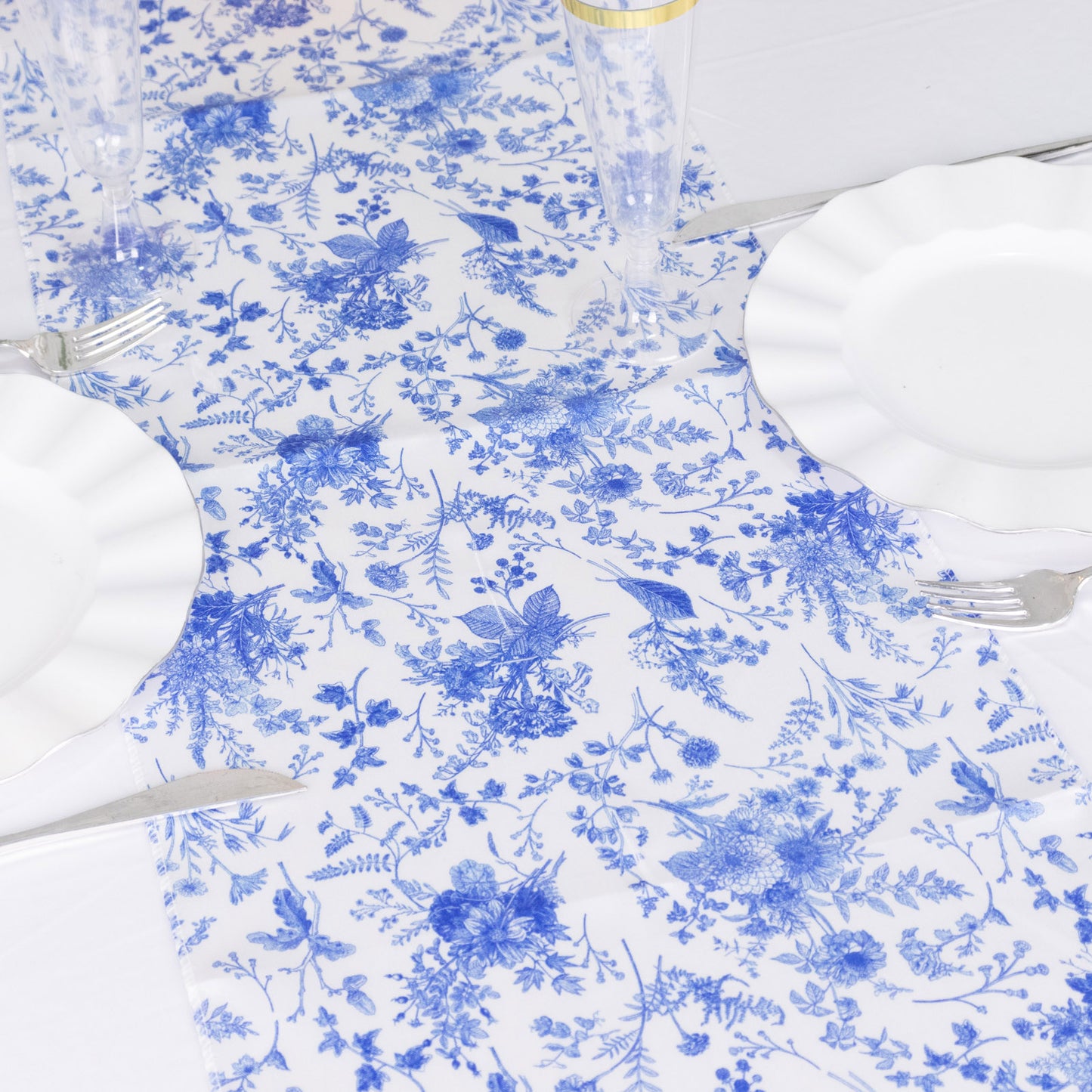 12"x108" White Blue Satin Table Runner in French Toile Floral Pattern