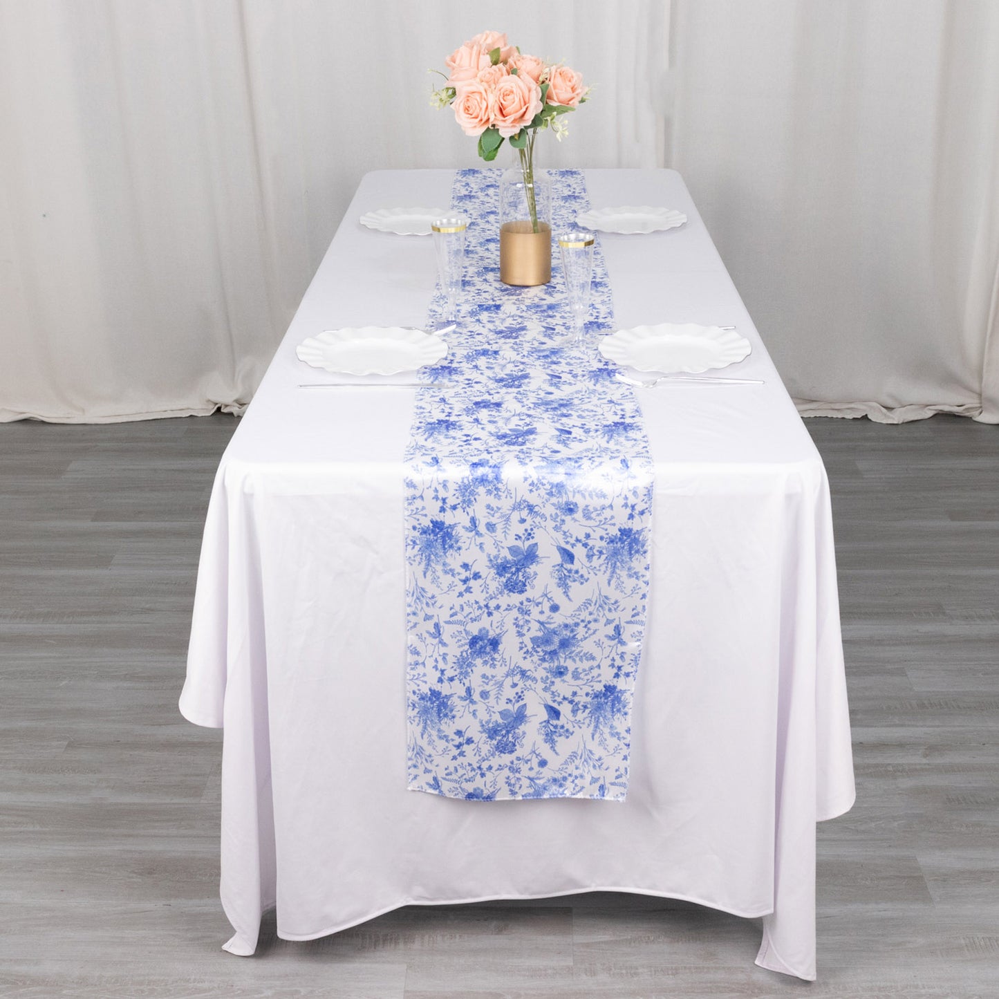 12"x108" White Blue Satin Table Runner in French Toile Floral Pattern