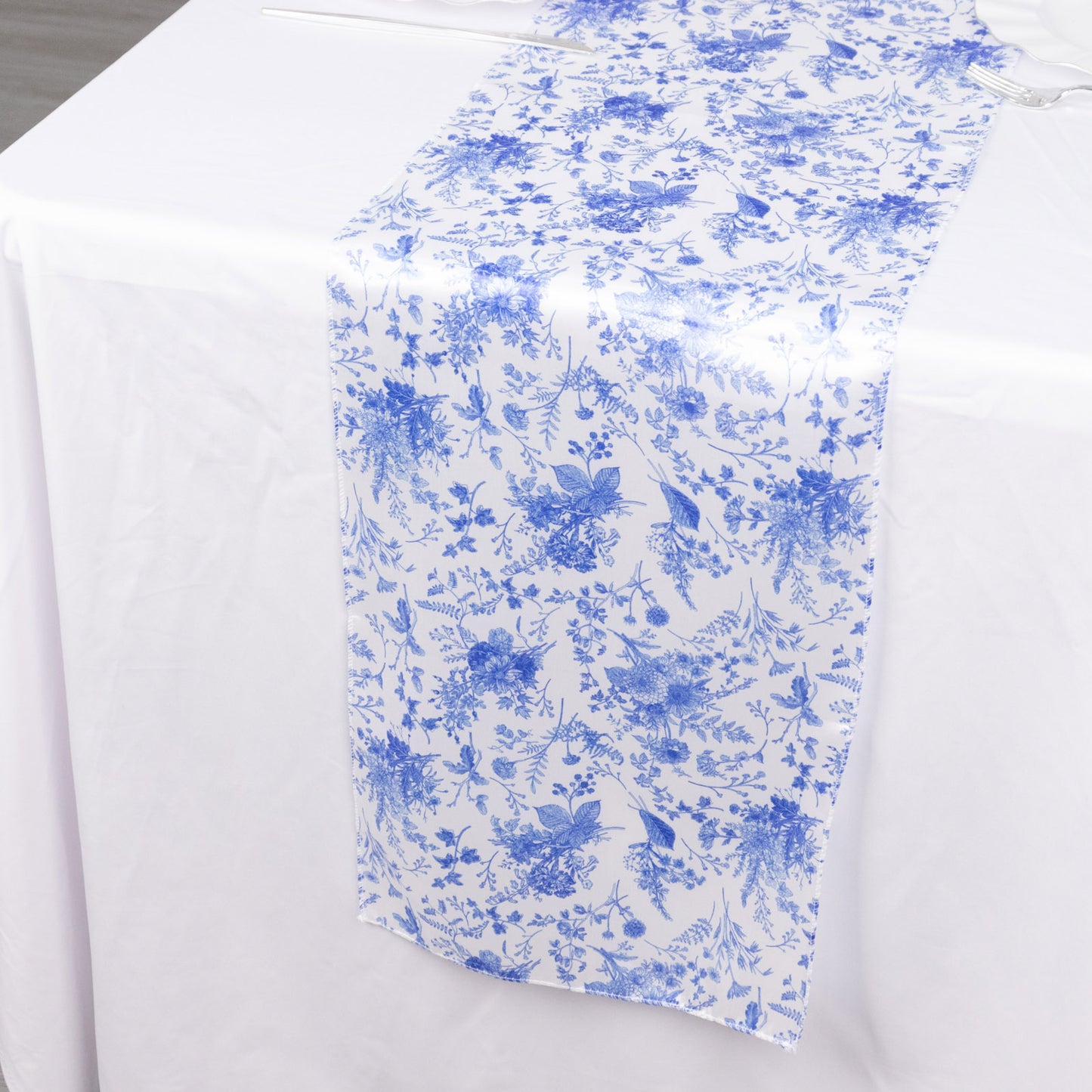 12"x108" White Blue Satin Table Runner in French Toile Floral Pattern