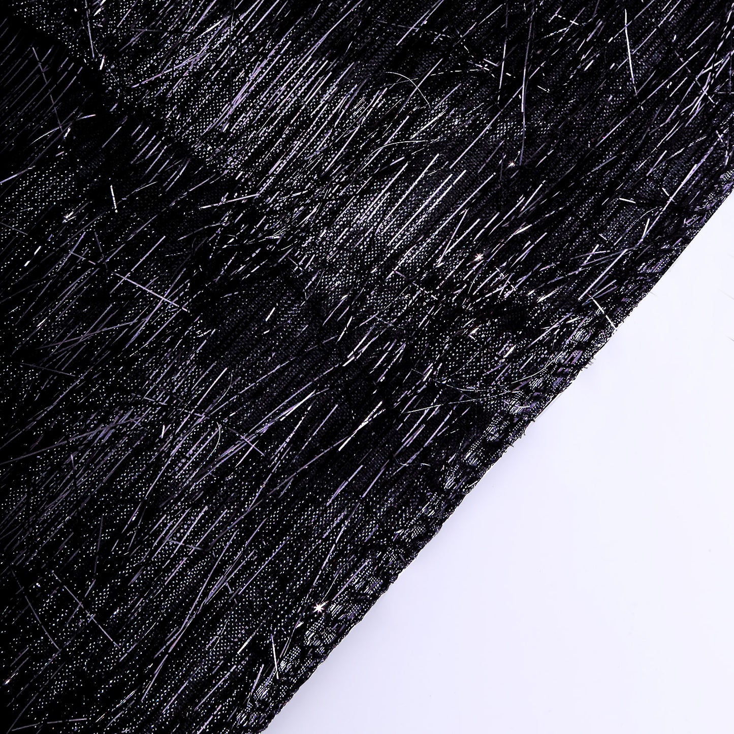 Black metallic fringe tinsel table runner, shimmery polyester, 12"x108".