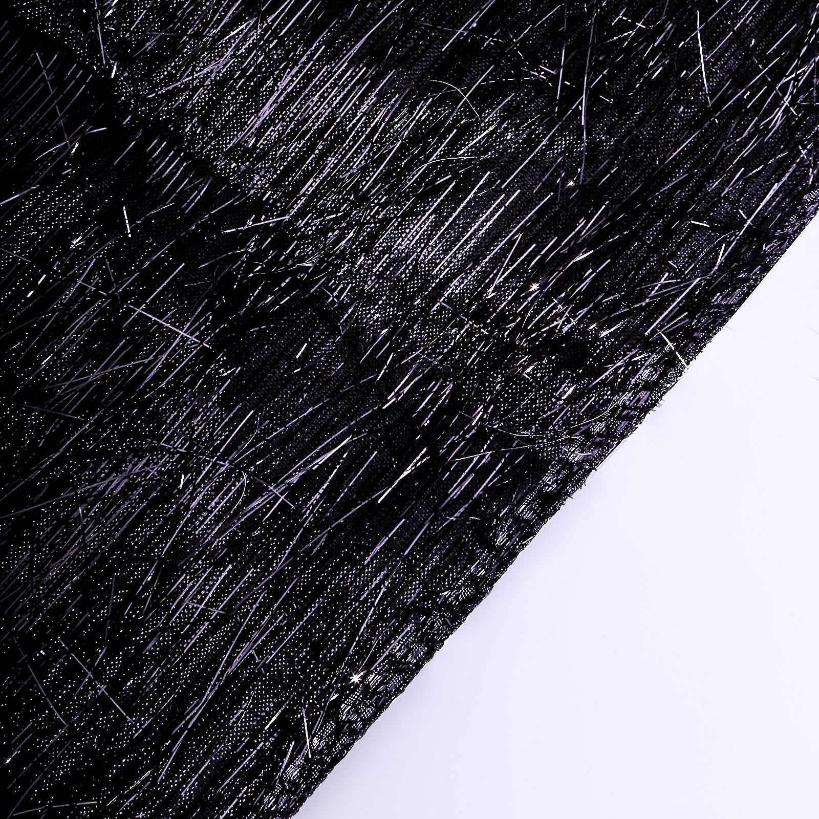 Black metallic fringe tinsel table runner, shimmery polyester, 12"x108".