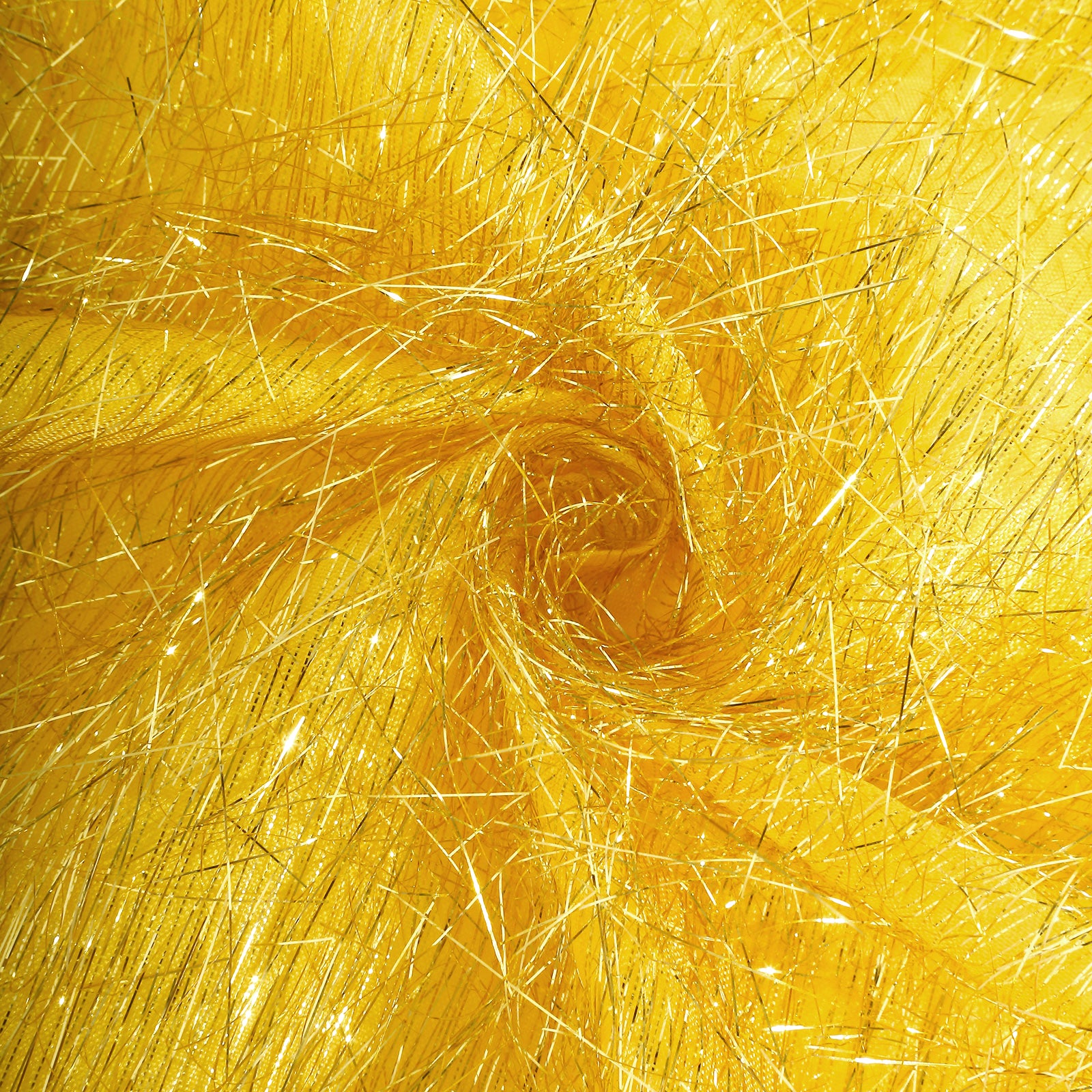 Gold metallic fringe tinsel table runner with shimmery texture, 12"x108".