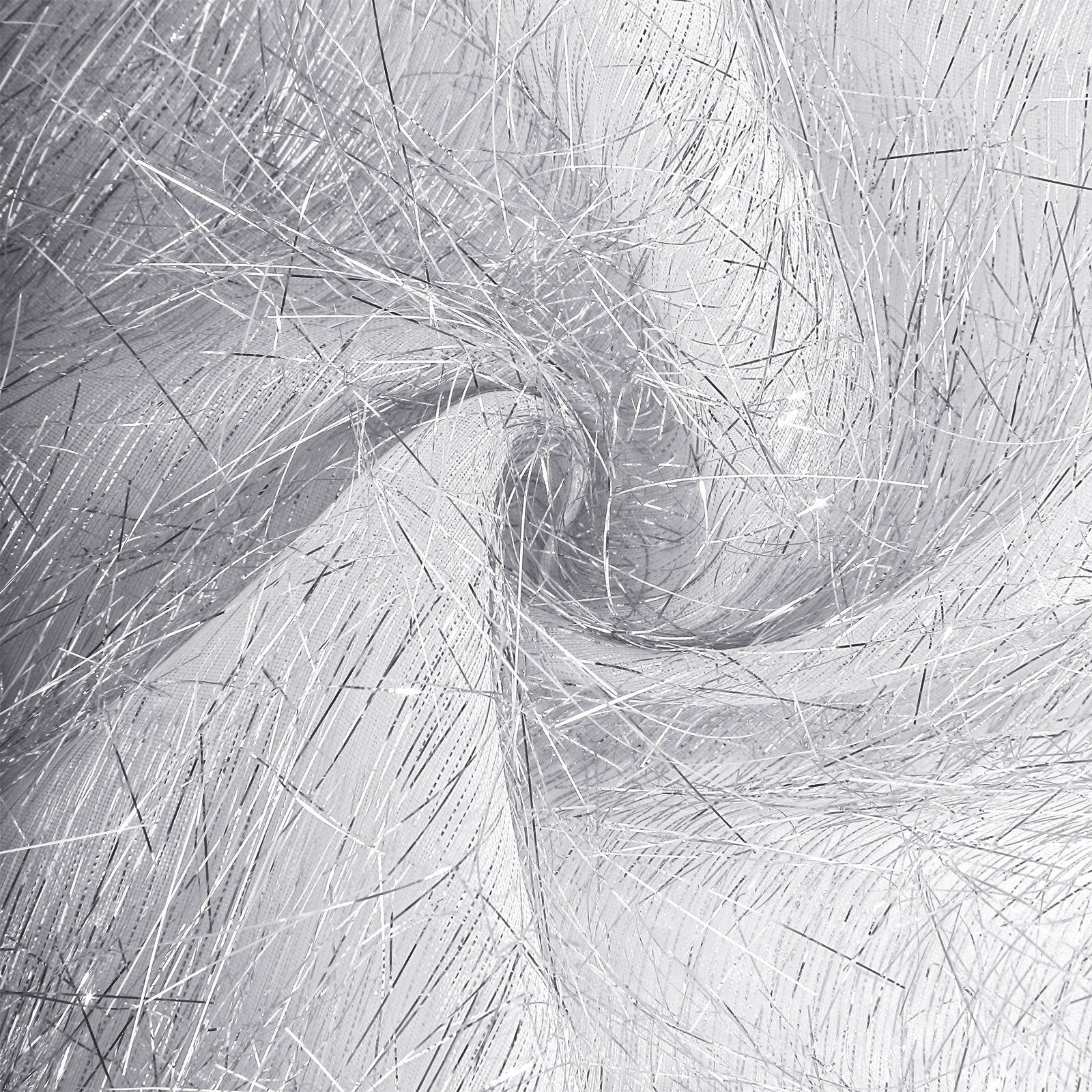 Silver metallic fringe tinsel table runner, shimmery polyester design.