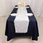 White shag minky polyester table runner on a navy blue table.