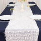 White shag minky polyester table runner on a navy blue table.
