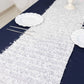 White shag minky polyester table runner on a dark blue table.