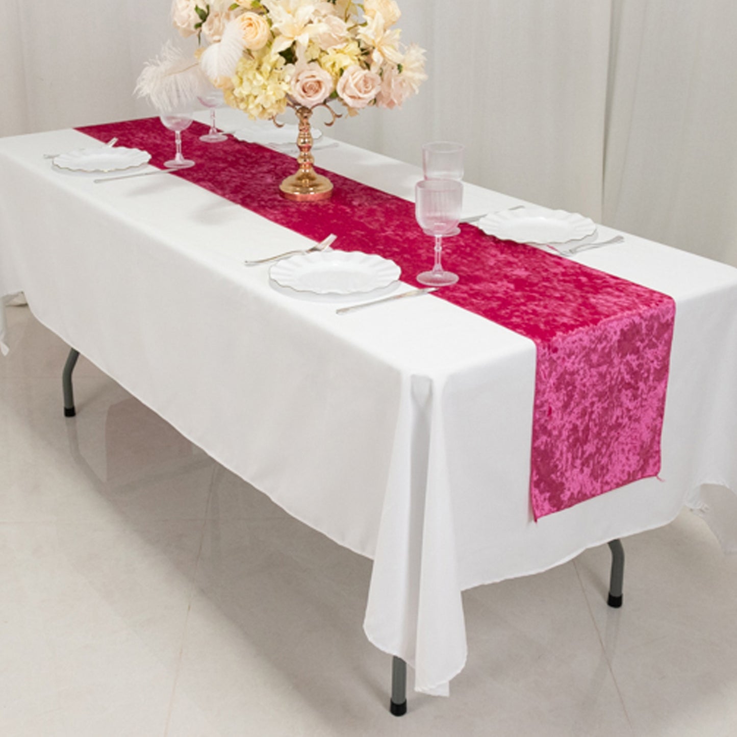 12"x108" Fuchsia Premium Crushed Velvet Table Runner - 190GSM