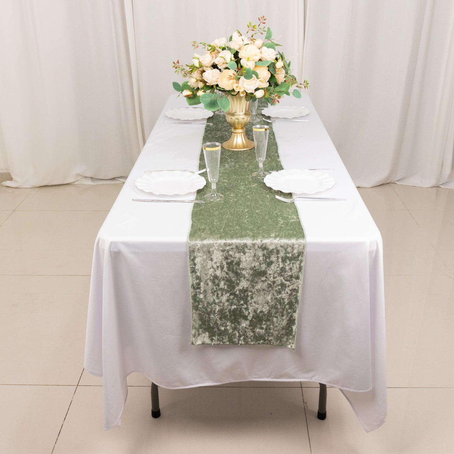 12"x108" Sage Green Premium Crushed Velvet Table Runner - 190GSM